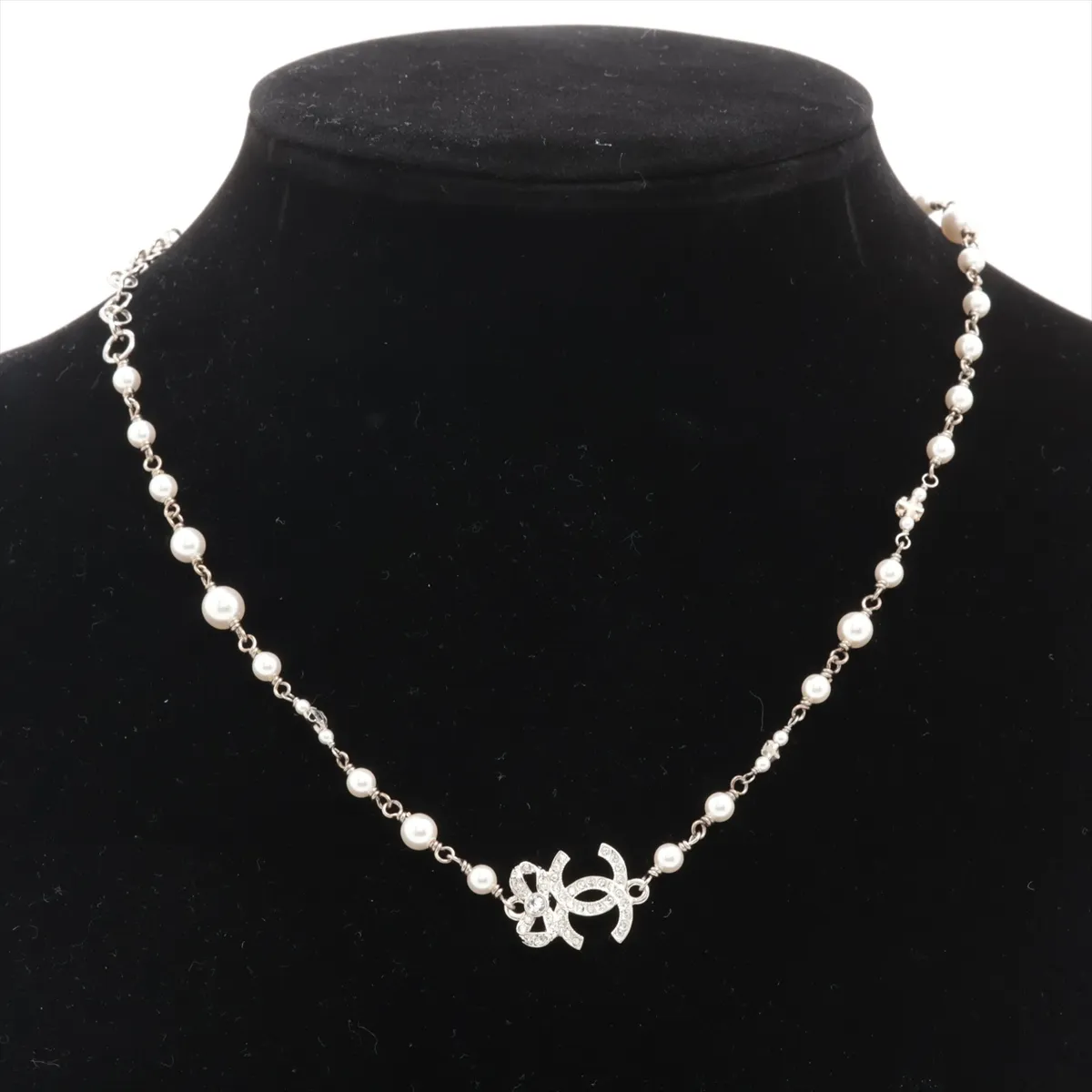 A24V Necklace, Metal x Rhinestone x Faux Pearl, Silver, — view 5