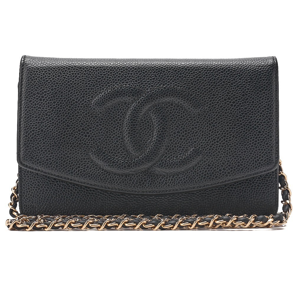 Caviar leather Coco Mark chain wallet, black, gold hardware, serial number 11.