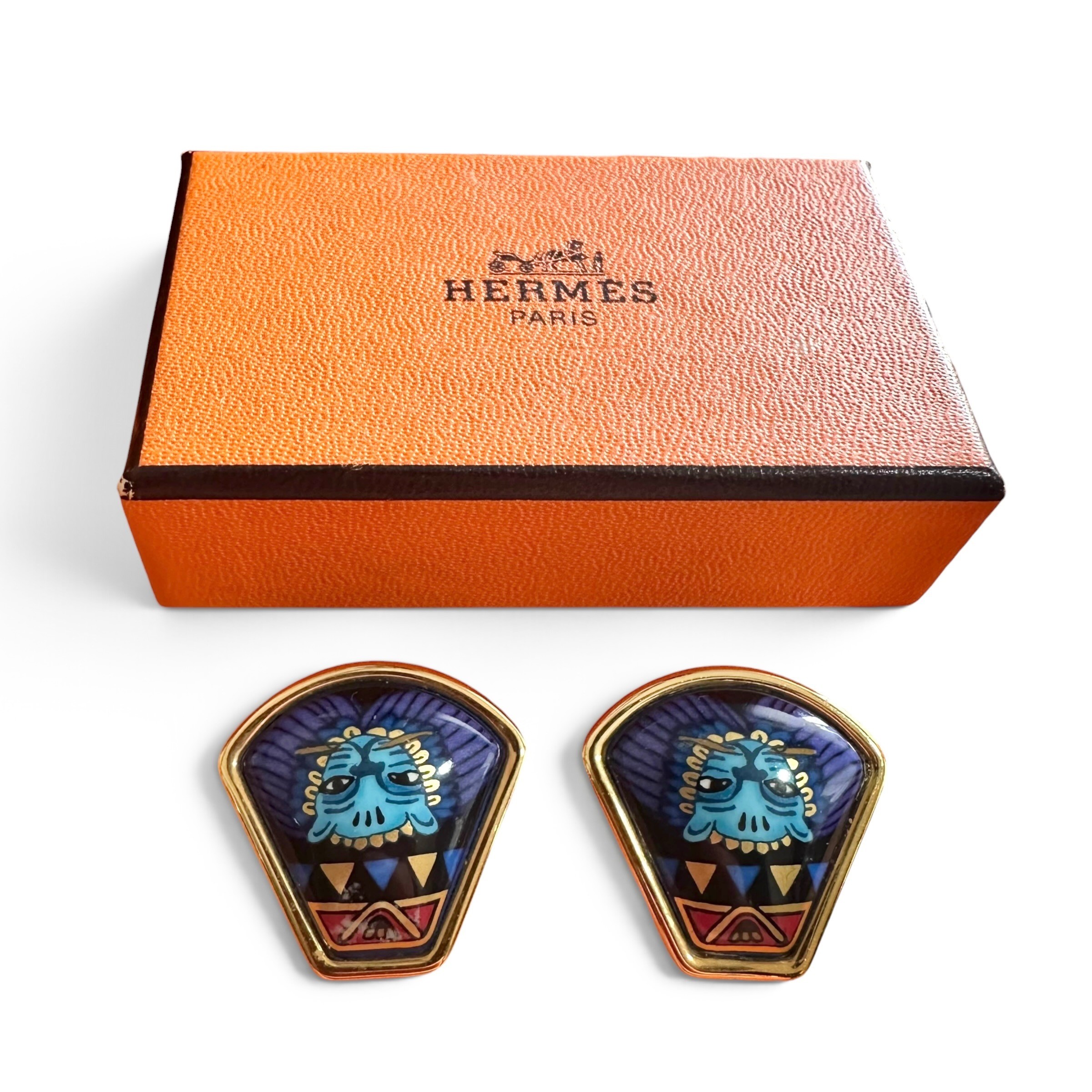 Lion Head Earrings, Enamel, Blue Gold