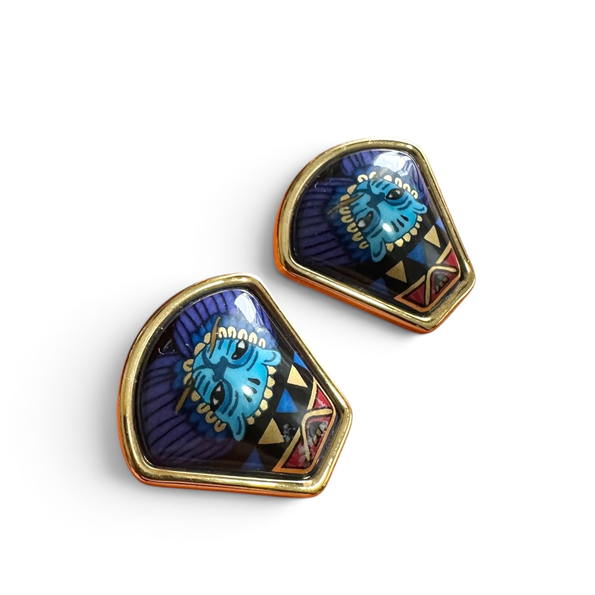 Lion Head Earrings, Enamel, Blue Gold — view 2