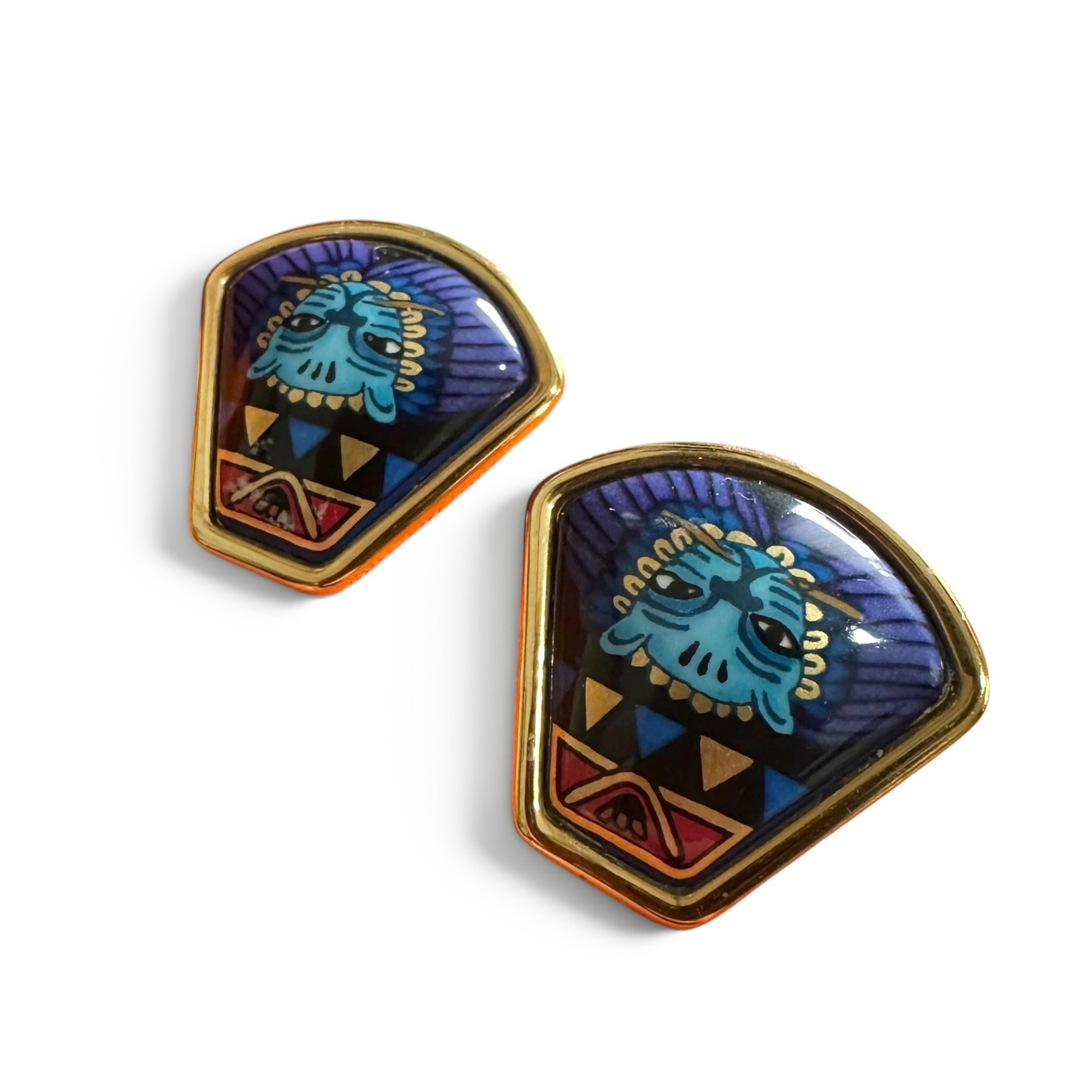 Lion Head Earrings, Enamel, Blue Gold — view 3