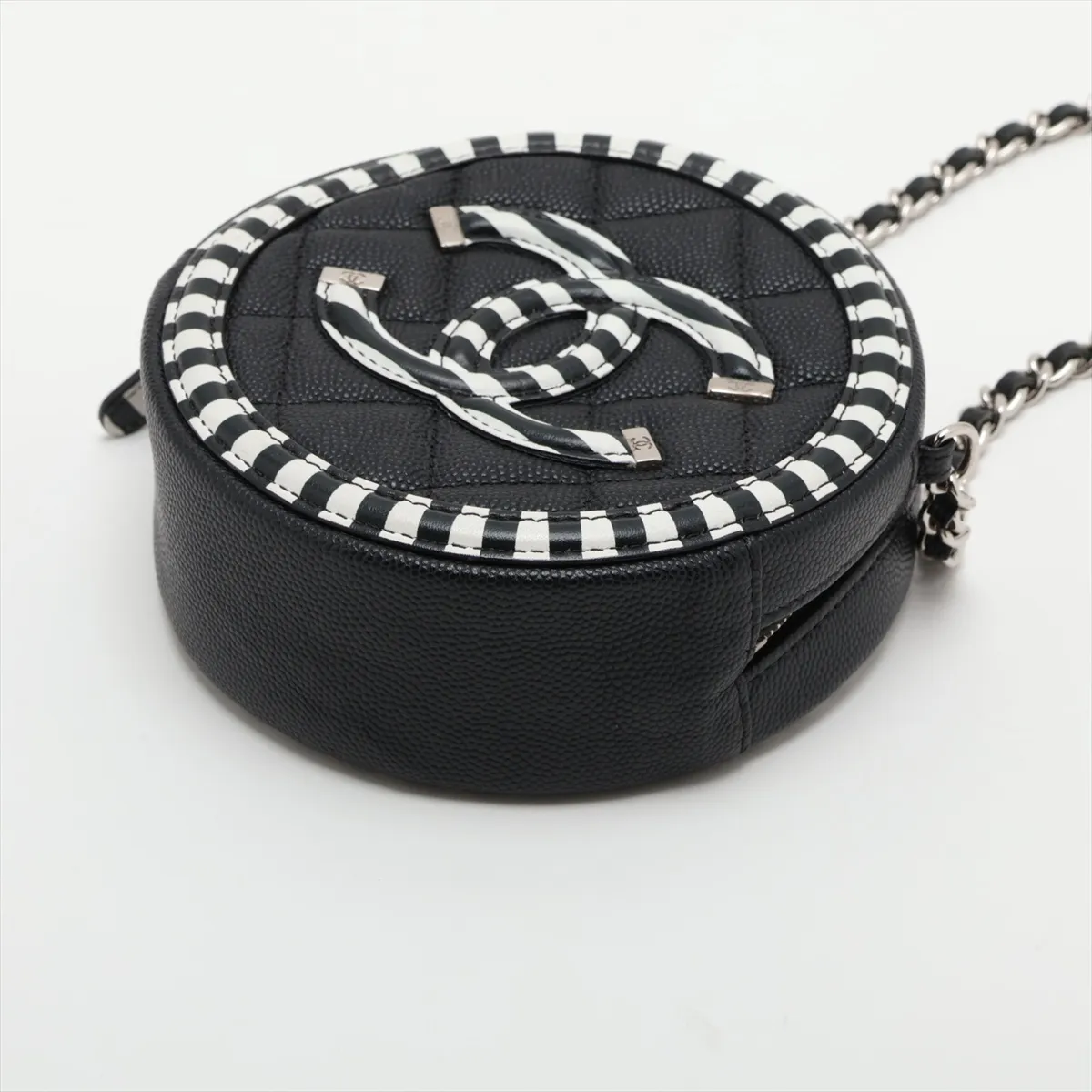 CC Filigree Caviar Skin Chain Shoulder Bag, Round Shape, Black x White, Silver Hardware, 27215647, Serial Number 27 — view 3