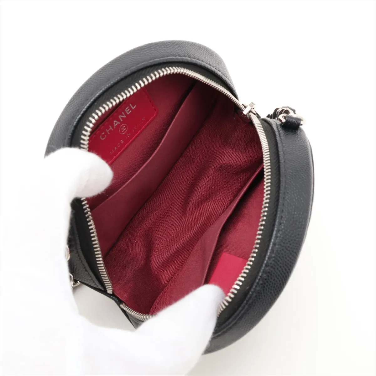 CC Filigree Caviar Skin Chain Shoulder Bag, Round Shape, Black x White, Silver Hardware, 27215647, Serial Number 27 — view 6