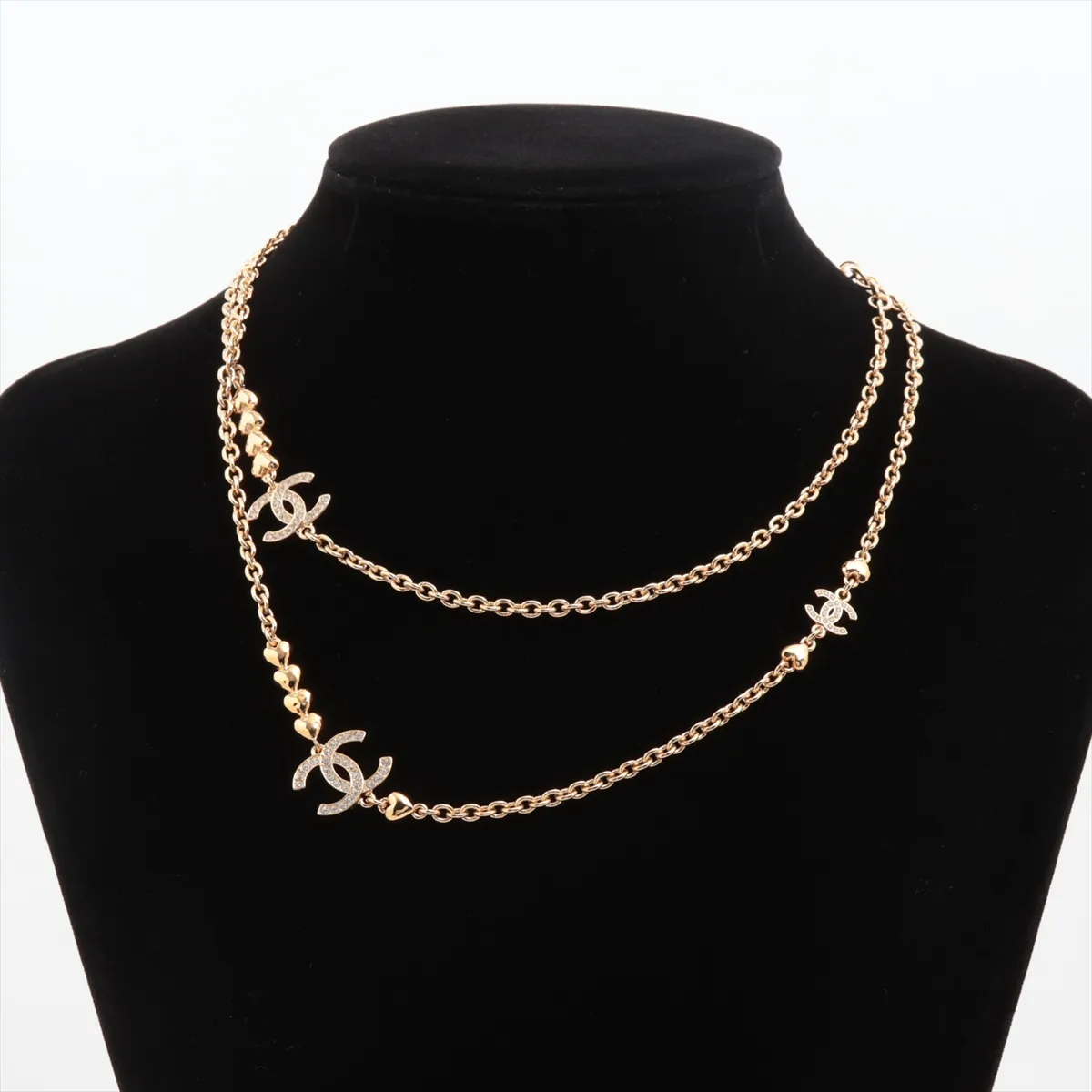 Coco Mark Heart B23P Necklace, GP x Rhinestone, Gold. Shows signs of wear, — view 6