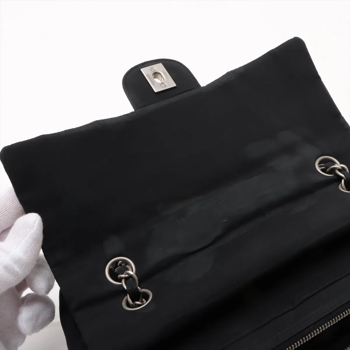 chocolate bar nylon single flap double chain bag black silver hardware 7882397 7th series — view 11