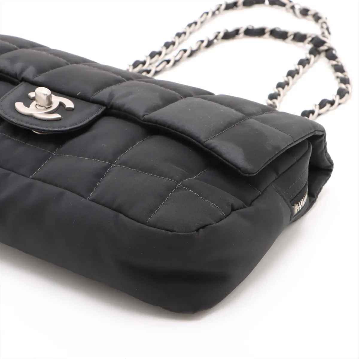 chocolate bar nylon single flap double chain bag black silver hardware 7882397 7th series — view 3