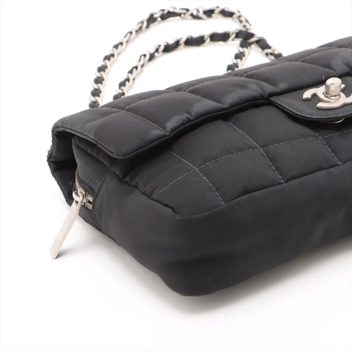 chocolate bar nylon single flap double chain bag black silver hardware 7882397 7th series — view 4