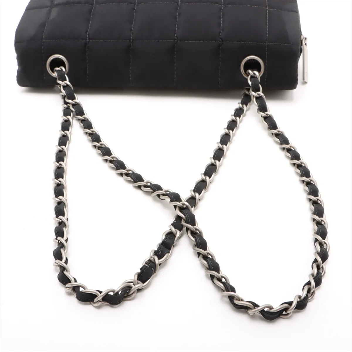 chocolate bar nylon single flap double chain bag black silver hardware 7882397 7th series — view 5