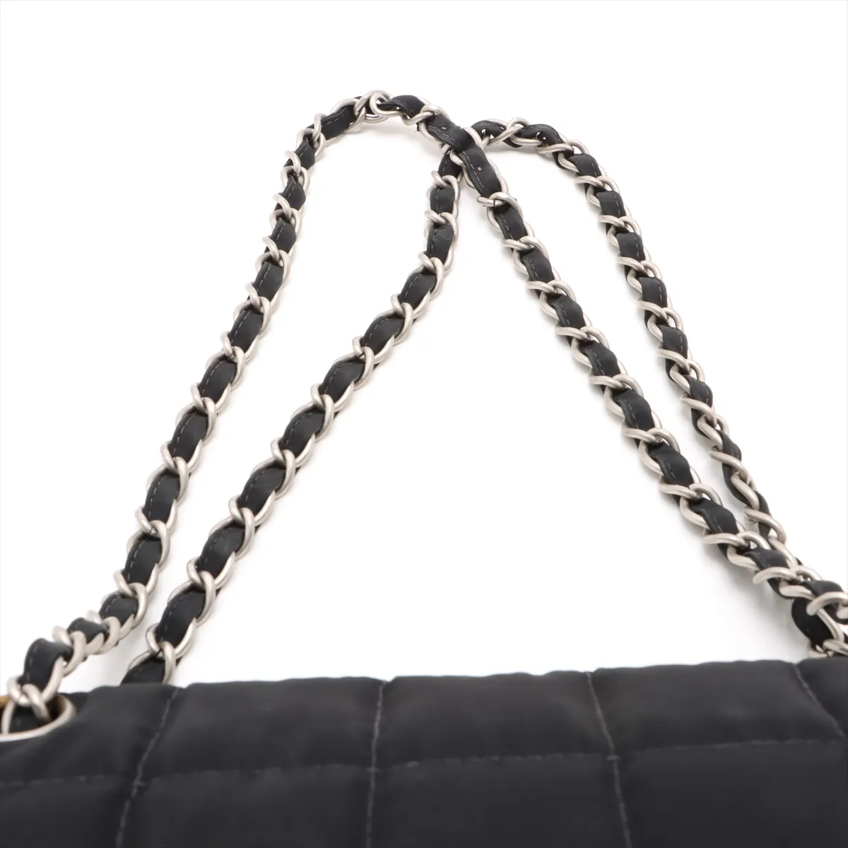 chocolate bar nylon single flap double chain bag black silver hardware 7882397 7th series — view 6