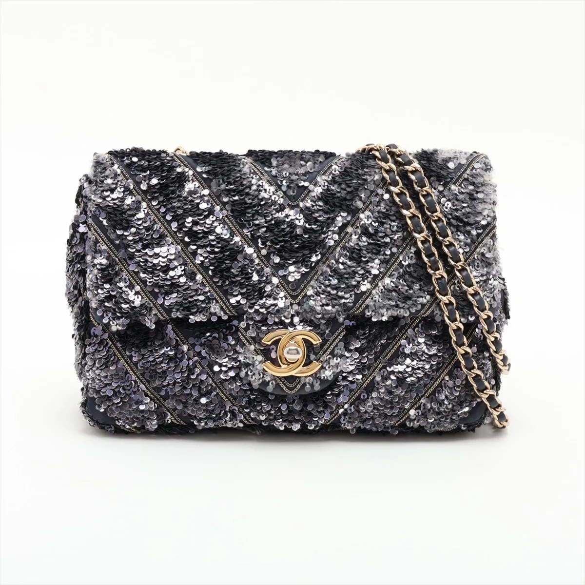 Chevron Sequin x Leather Single Flap Double Chain Bag, Navy, Gold Hardware, 26346896, Serial Number 26