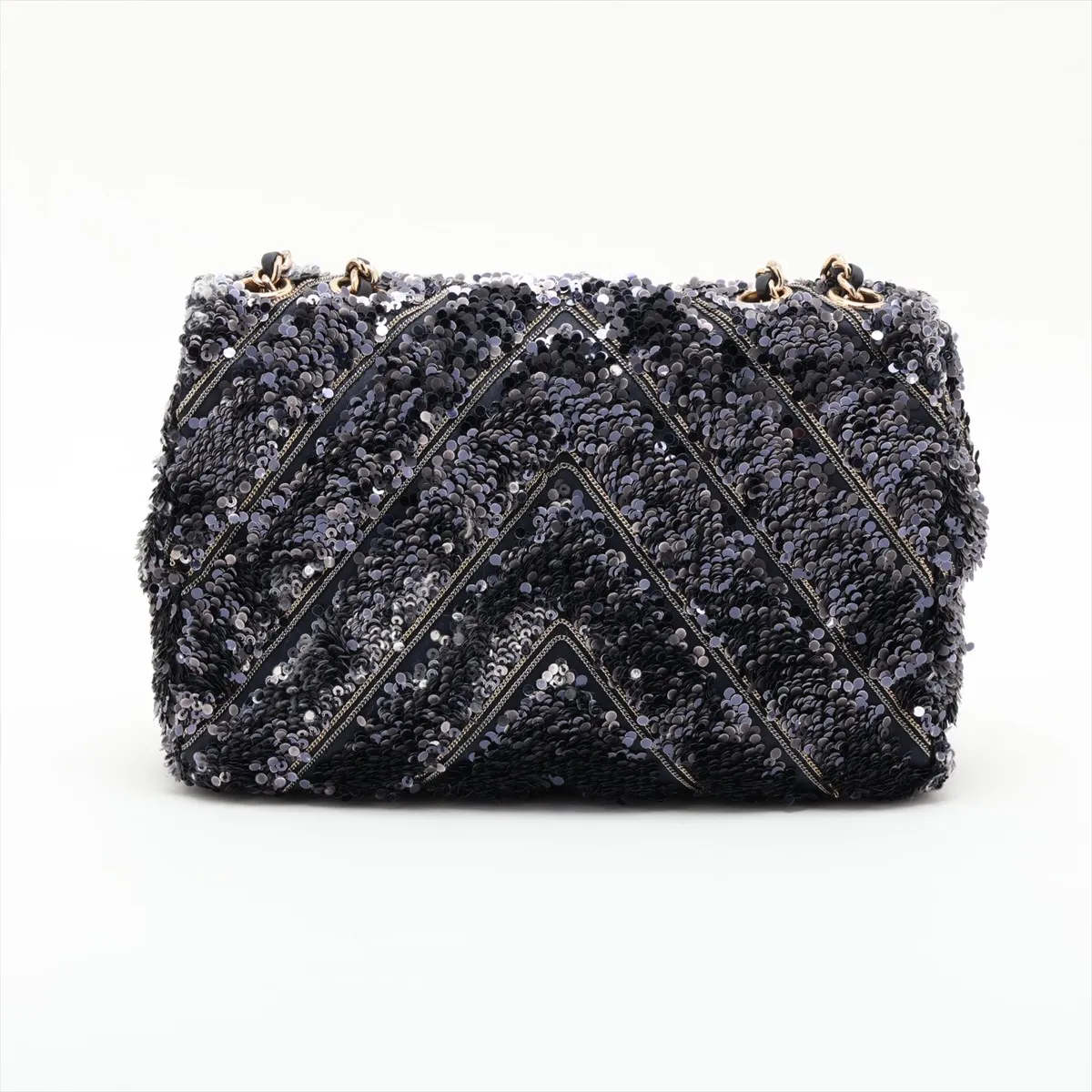 Chevron Sequin x Leather Single Flap Double Chain Bag, Navy, Gold Hardware, 26346896, Serial Number 26 — view 2