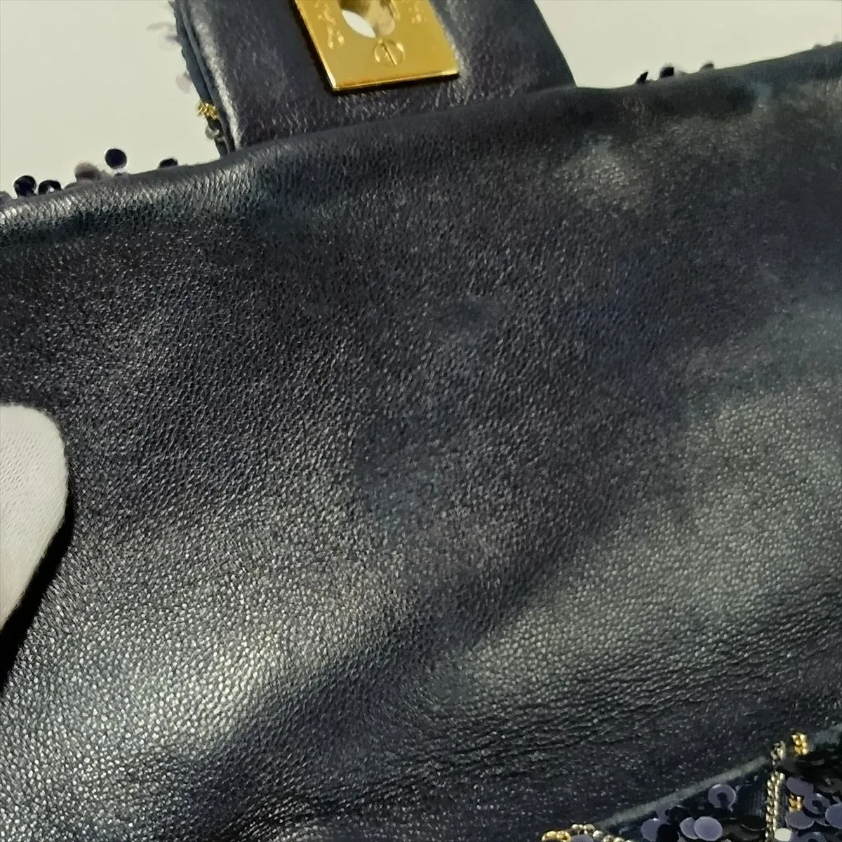 Chevron Sequin x Leather Single Flap Double Chain Bag, Navy, Gold Hardware, 26346896, Serial Number 26 — view 12