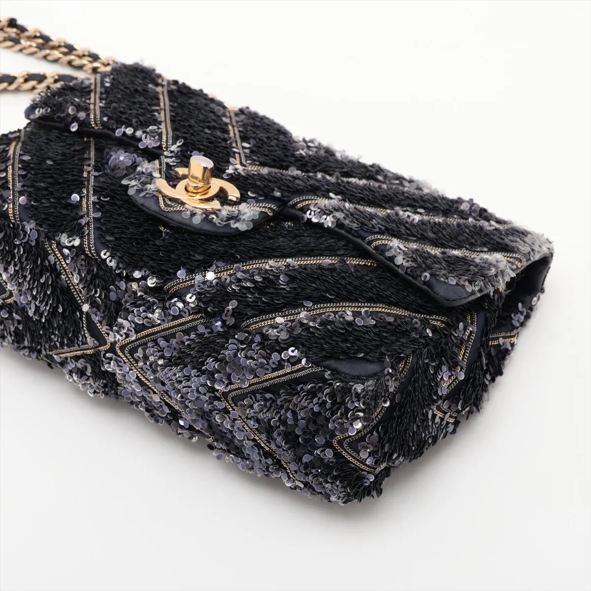 Chevron Sequin x Leather Single Flap Double Chain Bag, Navy, Gold Hardware, 26346896, Serial Number 26 — view 3