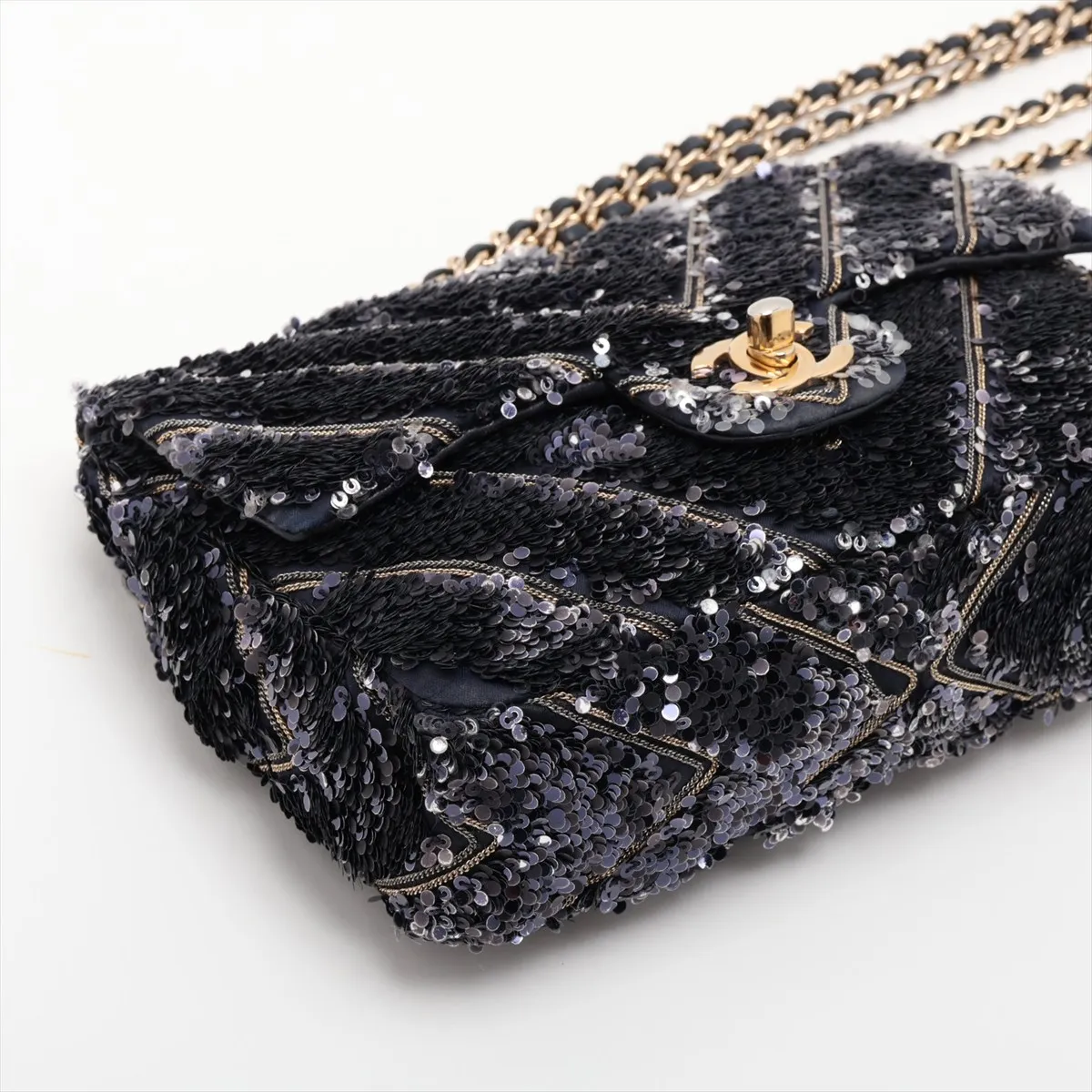 Chevron Sequin x Leather Single Flap Double Chain Bag, Navy, Gold Hardware, 26346896, Serial Number 26 — view 4