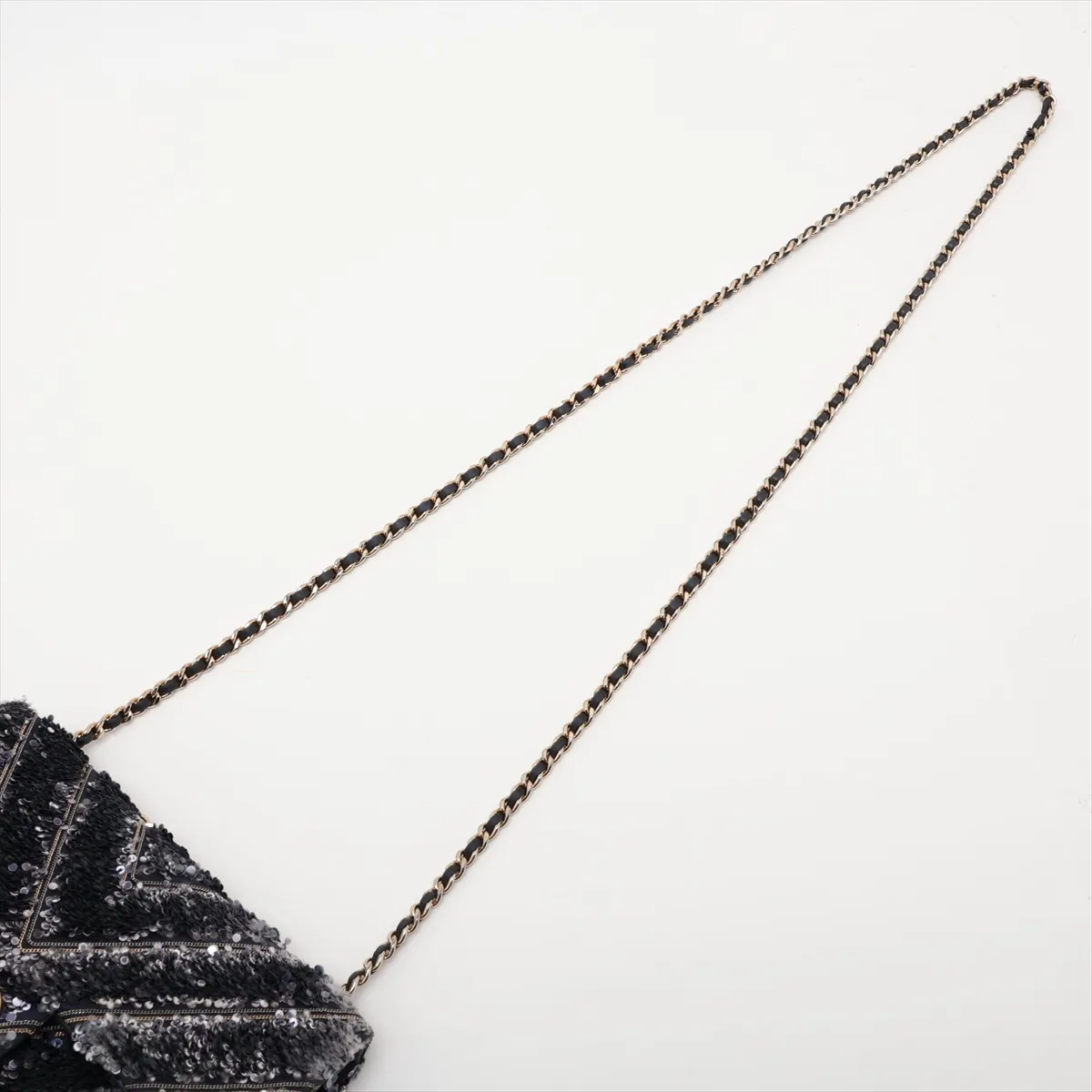 Chevron Sequin x Leather Single Flap Double Chain Bag, Navy, Gold Hardware, 26346896, Serial Number 26 — view 5