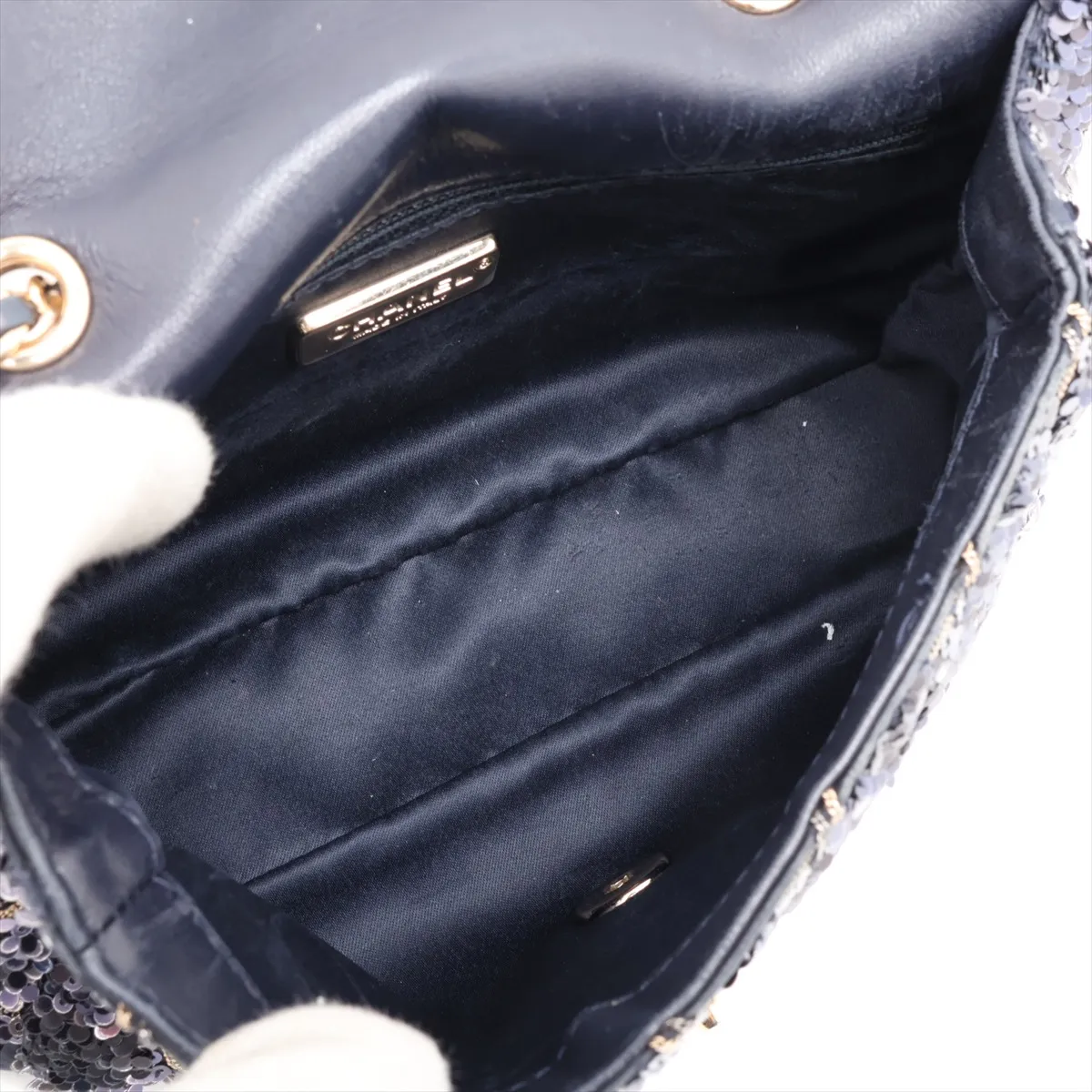 Chevron Sequin x Leather Single Flap Double Chain Bag, Navy, Gold Hardware, 26346896, Serial Number 26 — view 6