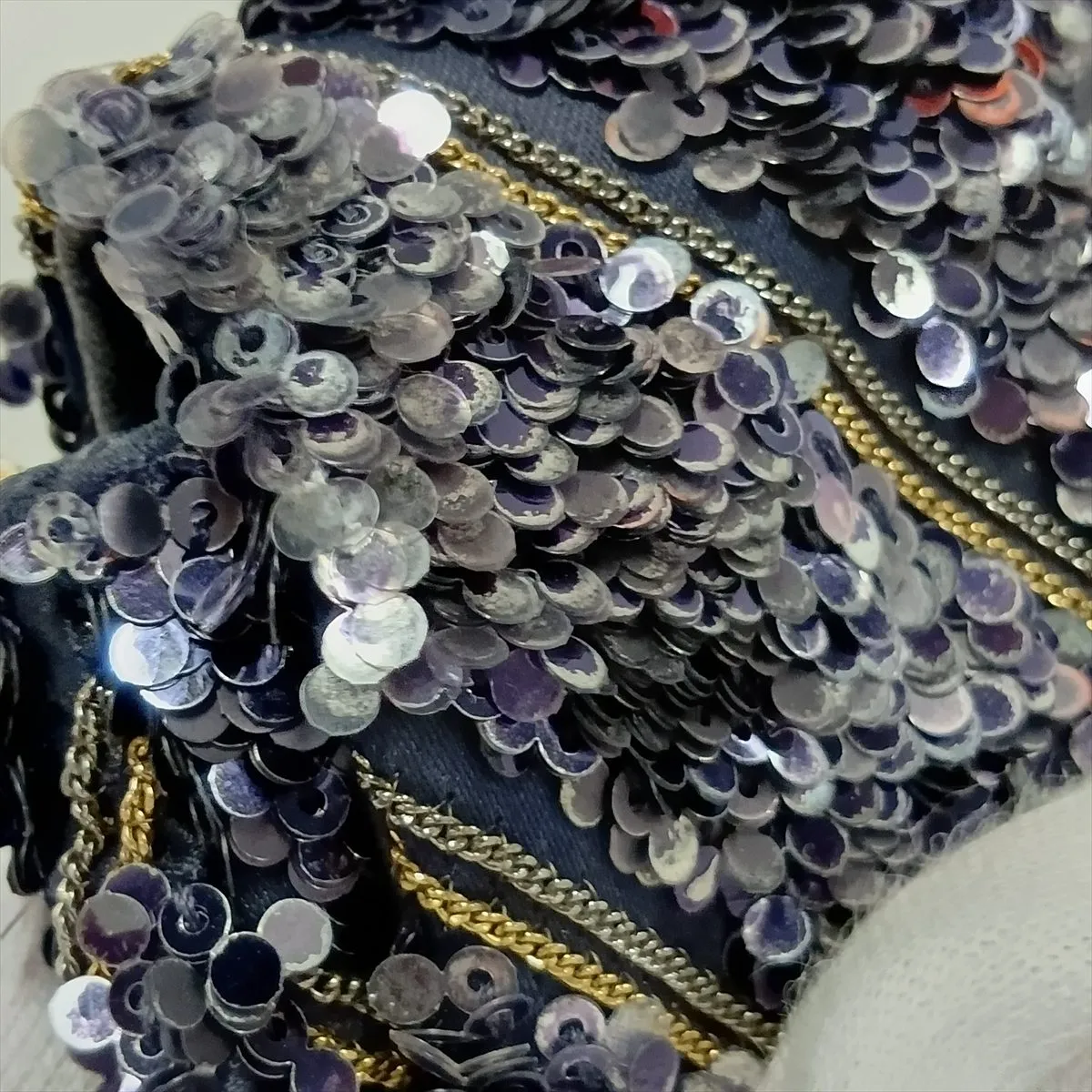 Chevron Sequin x Leather Single Flap Double Chain Bag, Navy, Gold Hardware, 26346896, Serial Number 26 — view 10