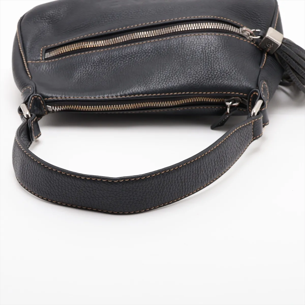 logo leather shoulder bag with fringe, black, silver hardware. — view 5