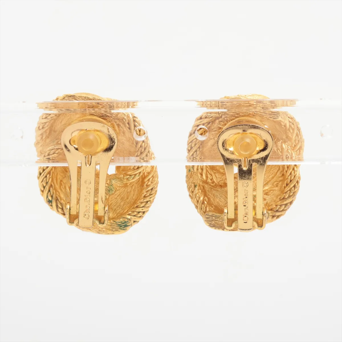 earrings (for both ears), gold-plated with rhinestones. Shows signs of wear, including — view 2