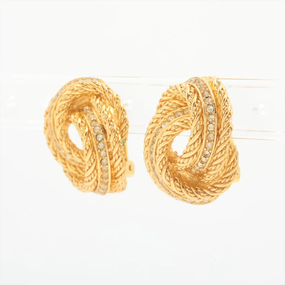 earrings (for both ears), gold-plated with rhinestones. Shows signs of wear, including — view 3
