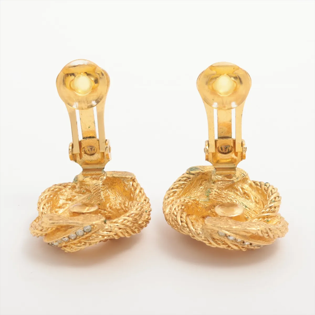 earrings (for both ears), gold-plated with rhinestones. Shows signs of wear, including — view 4