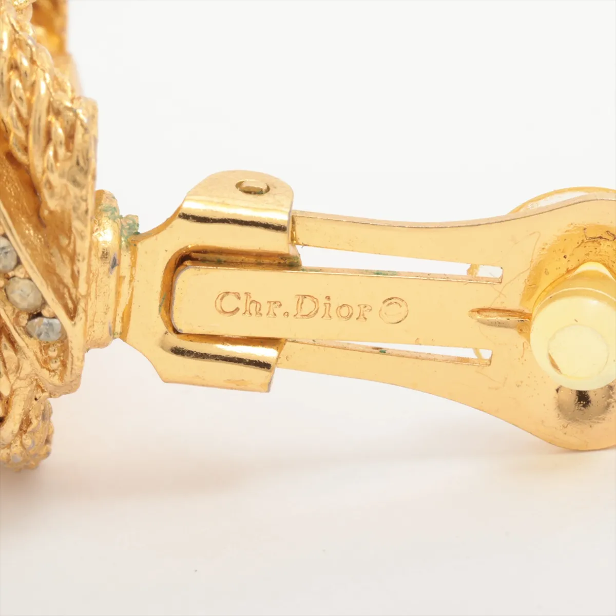 earrings (for both ears), gold-plated with rhinestones. Shows signs of wear, including — view 5
