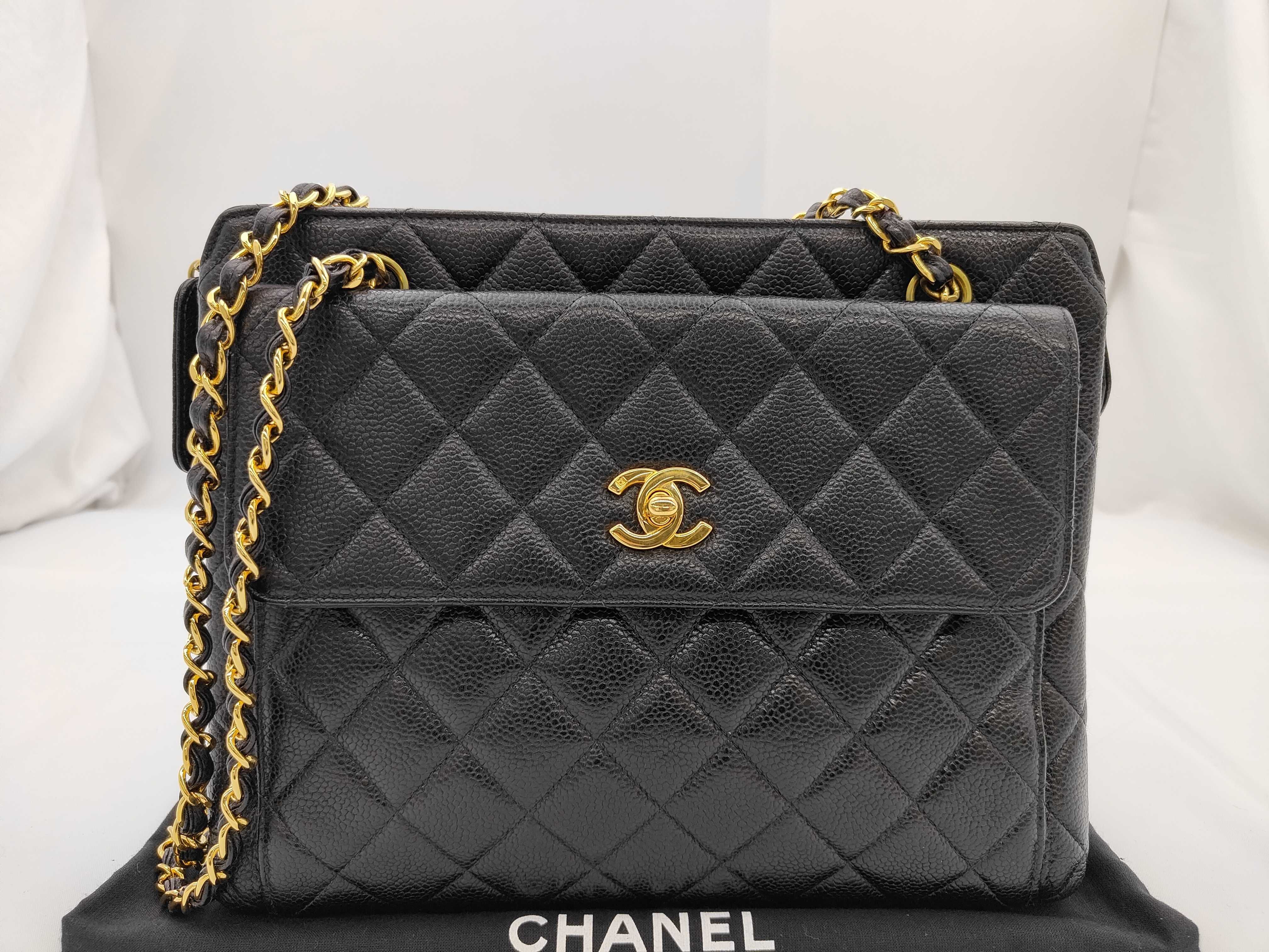 Matelassé Caviar Skin Chain Shoulder Bag, Black with Gold Hardware.