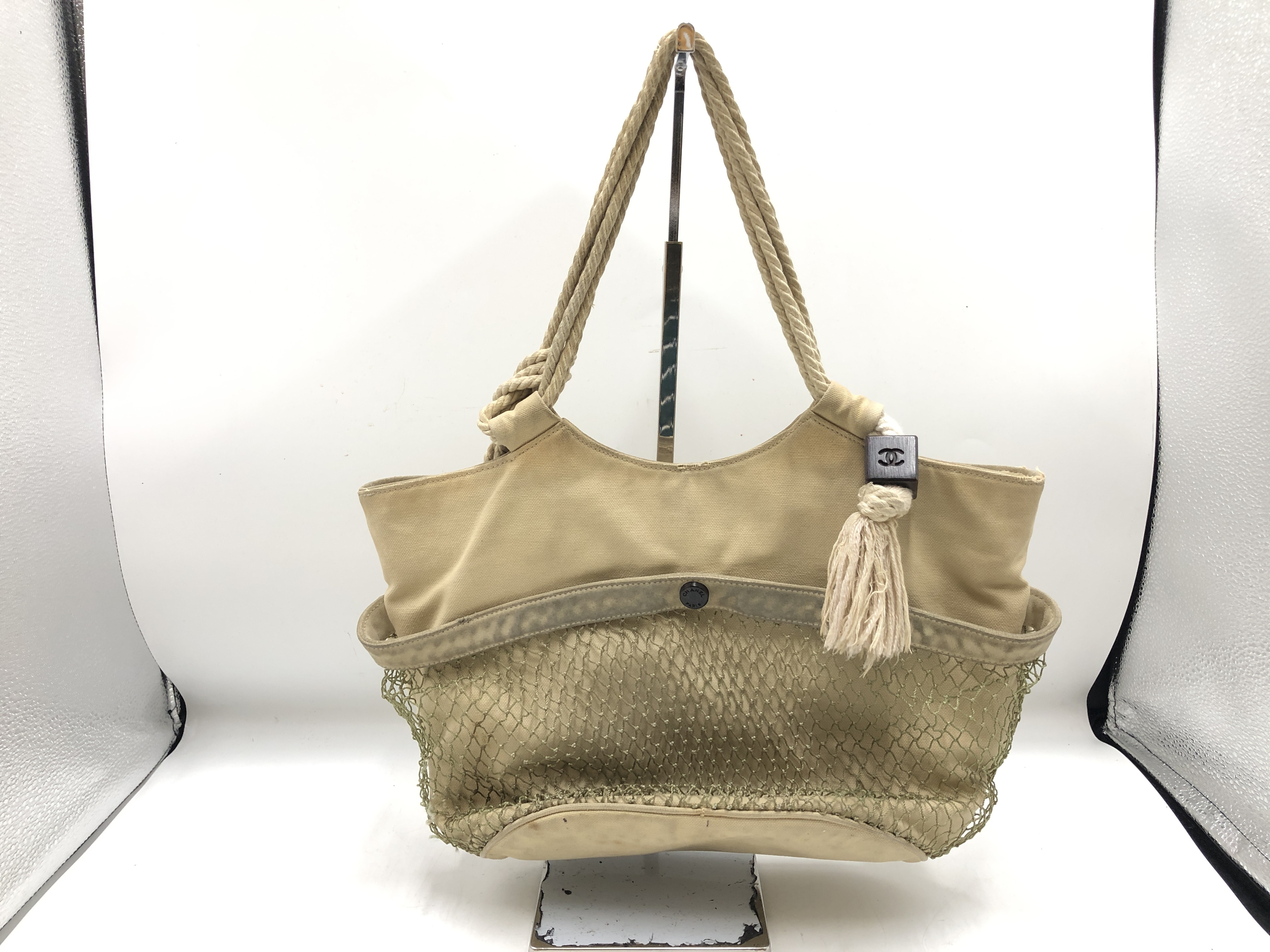 Fishnet Rope Coco Mark Tote Bag (8172583) with sticker and guarantee card. Canvas/Leather, Beige Multicolor Tote Bag. — view 2