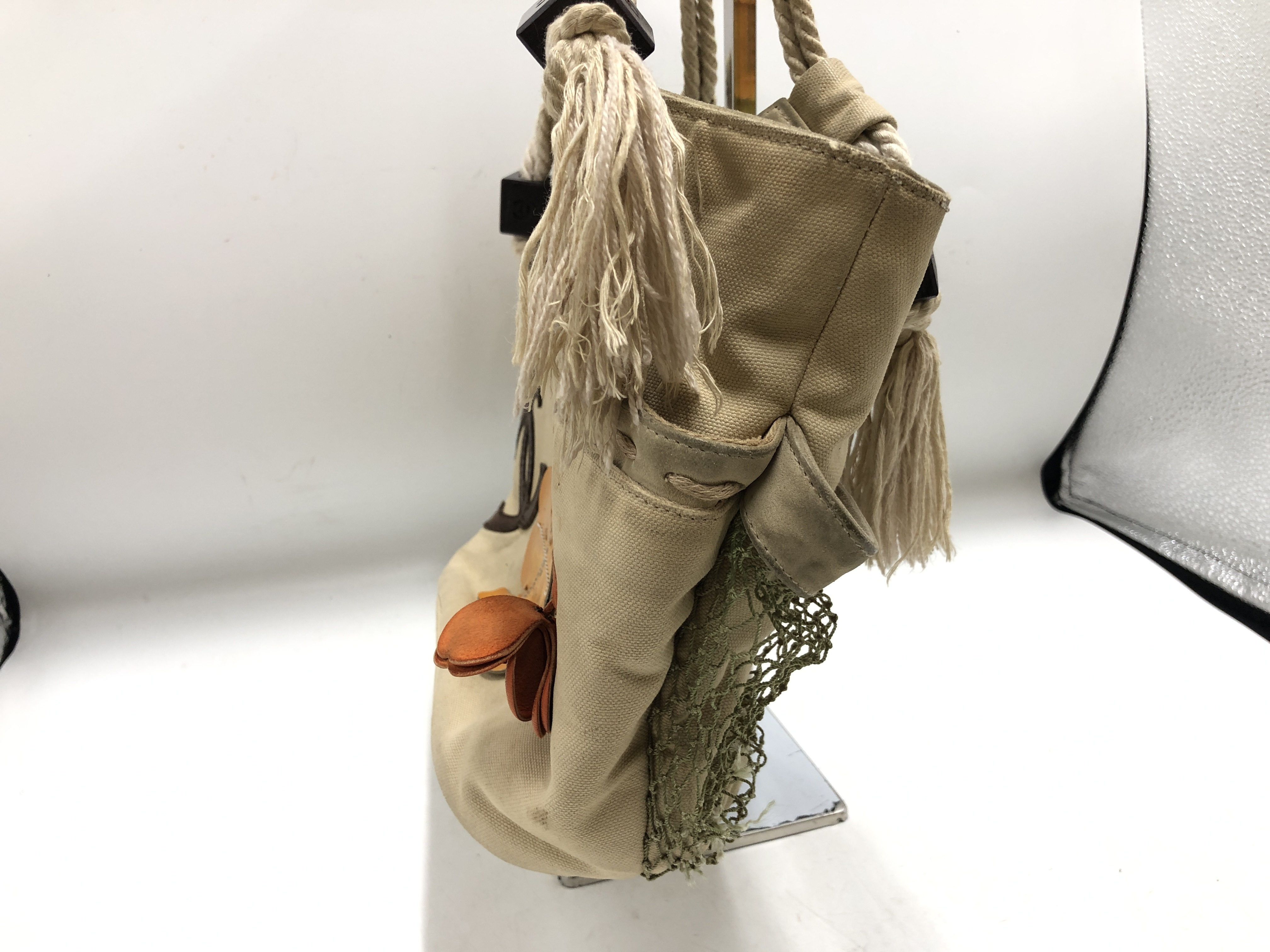 Fishnet Rope Coco Mark Tote Bag (8172583) with sticker and guarantee card. Canvas/Leather, Beige Multicolor Tote Bag. — view 3