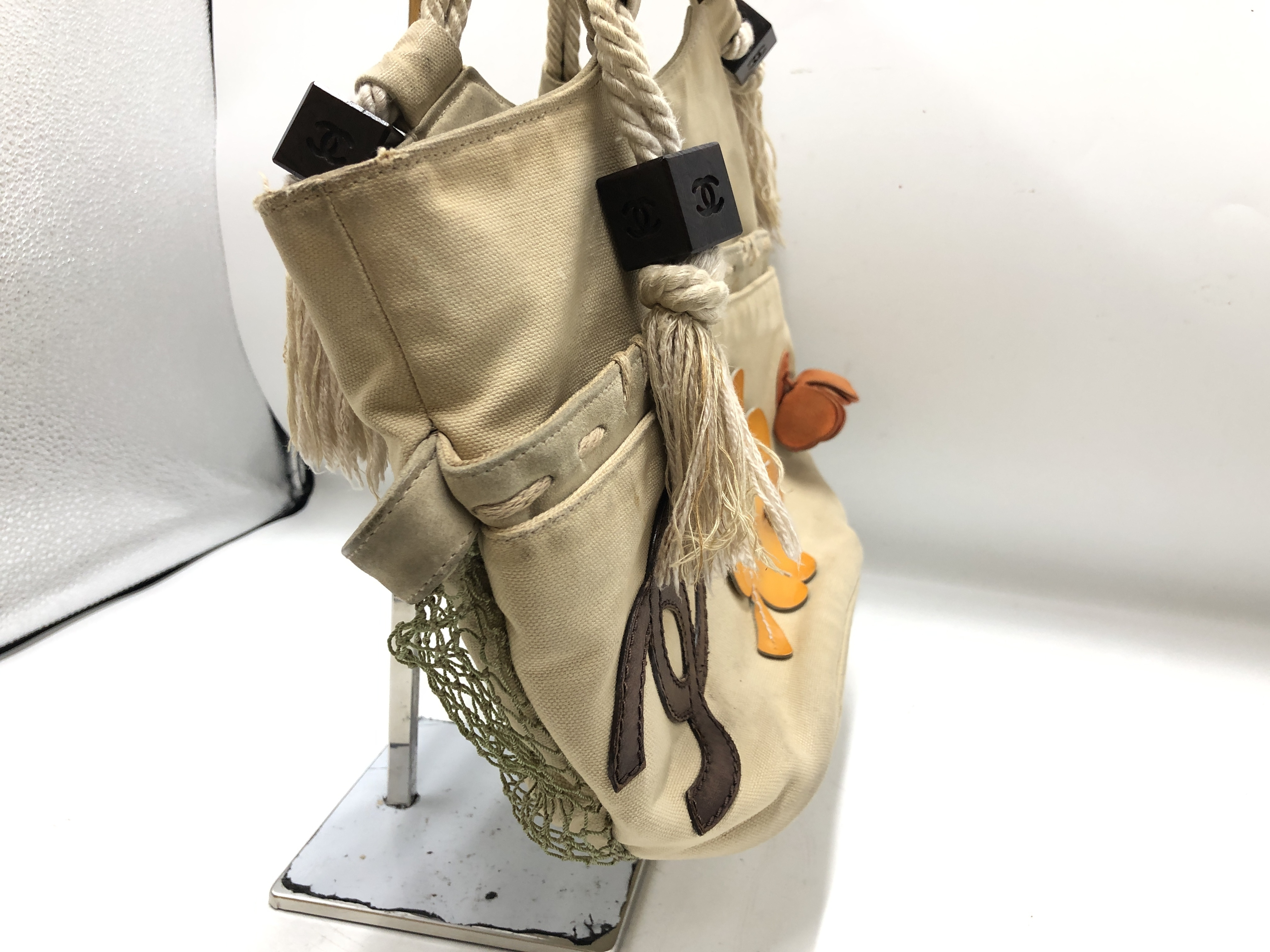 Fishnet Rope Coco Mark Tote Bag (8172583) with sticker and guarantee card. Canvas/Leather, Beige Multicolor Tote Bag. — view 4