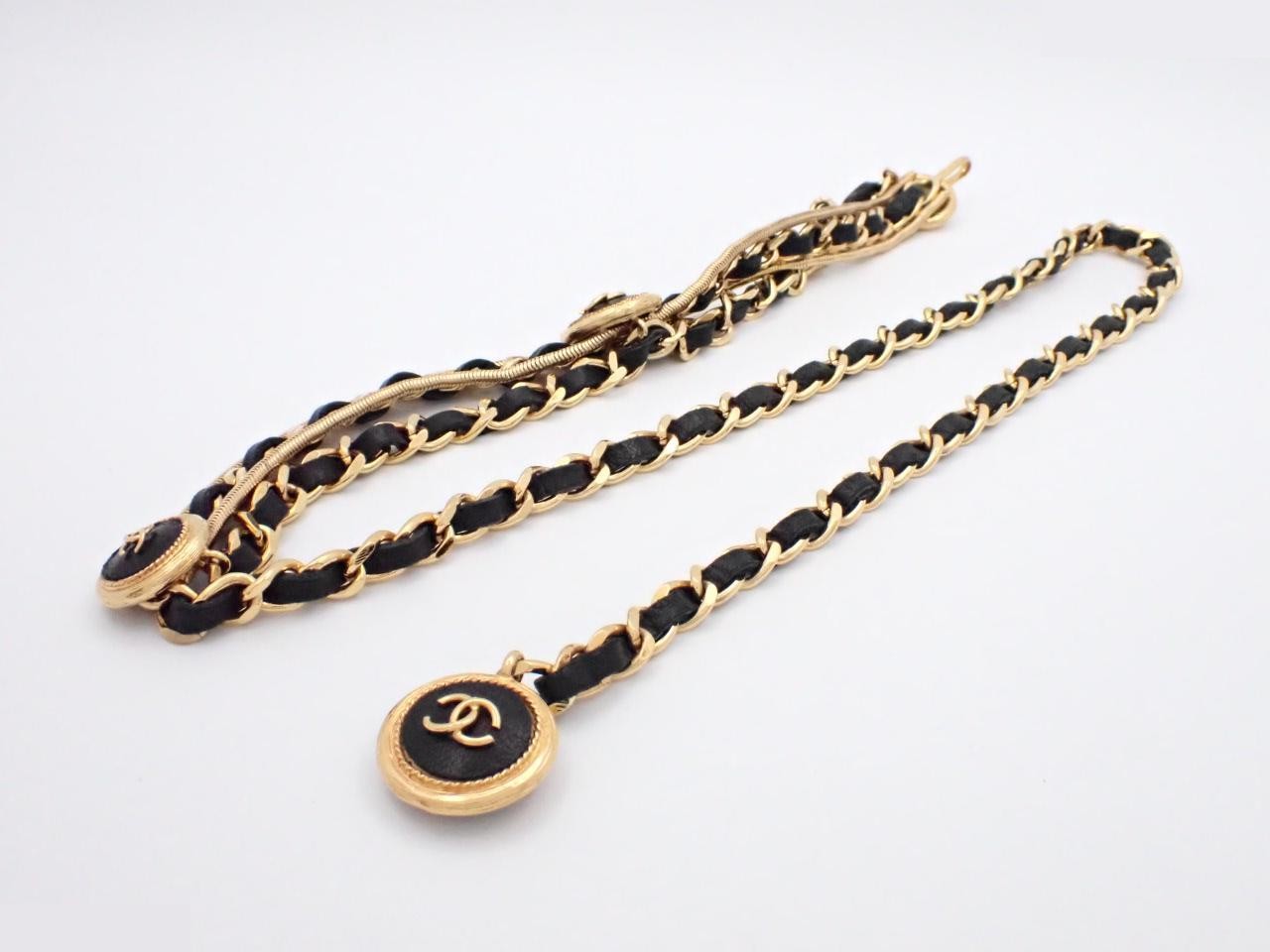Chain belt, leather/GP, black, chain approximately 90cm
