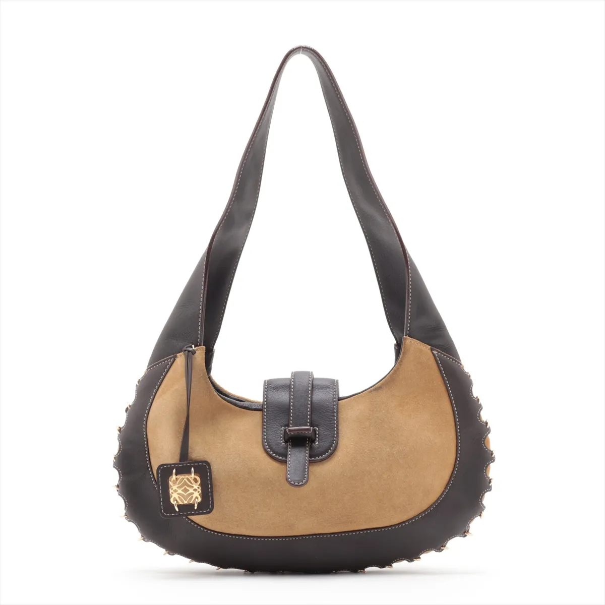 suede and leather shoulder bag, beige and brown.