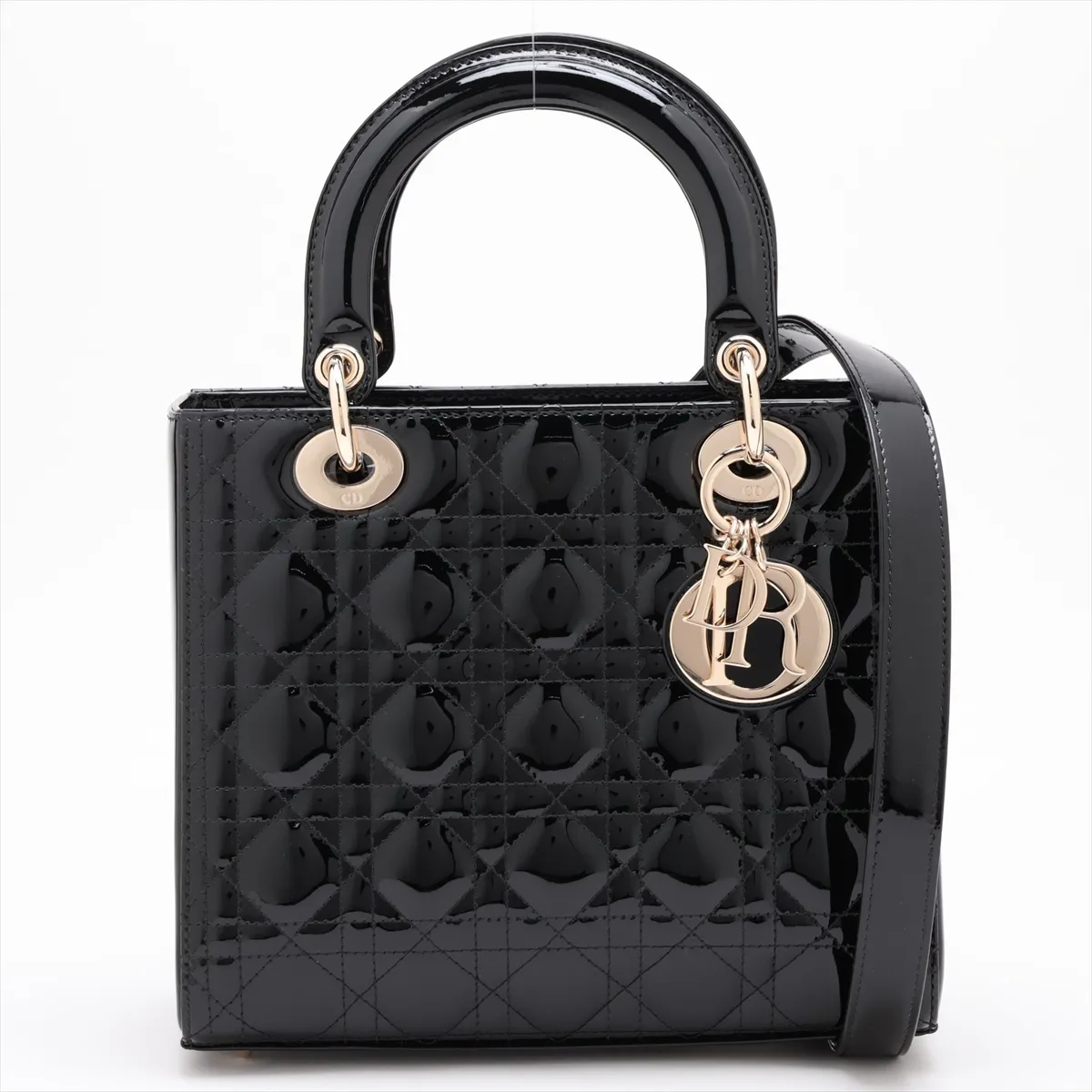 Cannage Lady Dior Patent Leather 2-Way Handbag, Black