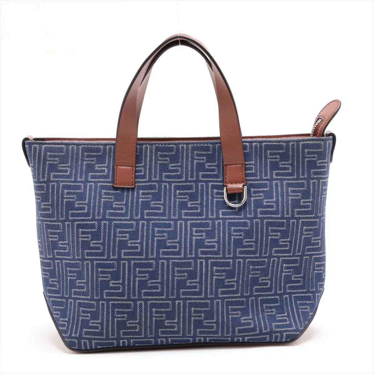 FF Jacquard Shopping Bag 7VA658 Canvas x Leather Handbag Navy x Brown