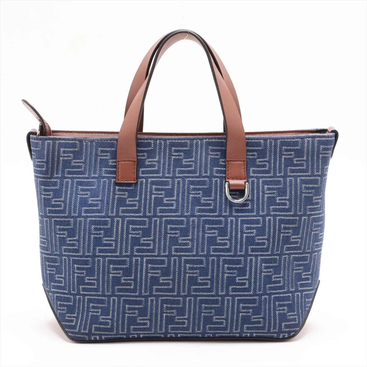 FF Jacquard Shopping Bag 7VA658 Canvas x Leather Handbag Navy x Brown — view 2