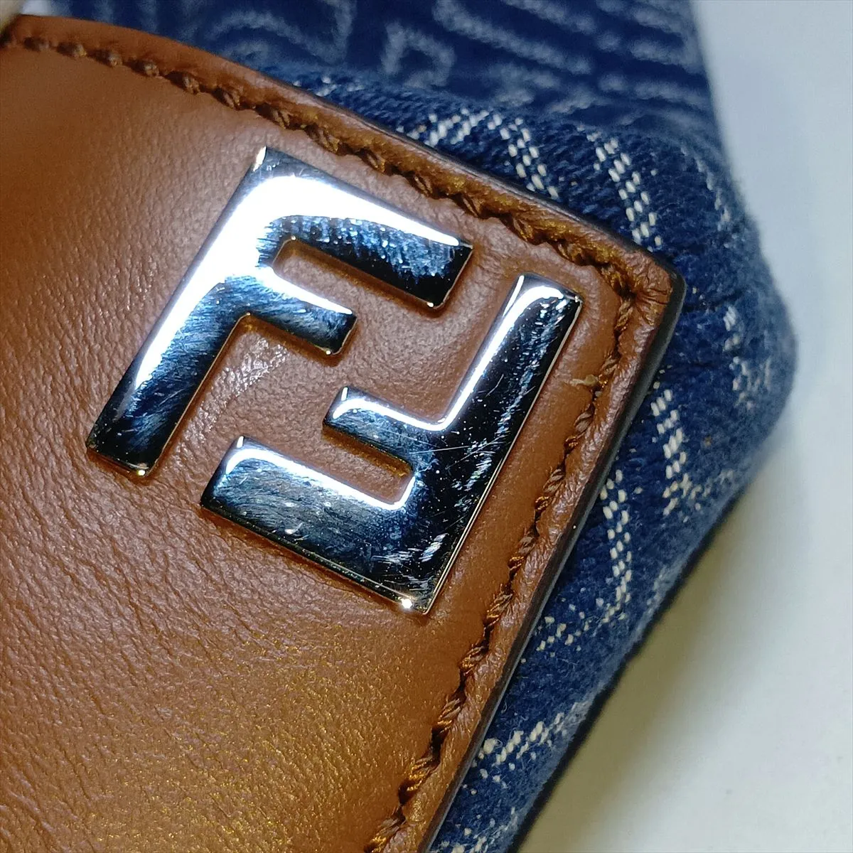 FF Jacquard Shopping Bag 7VA658 Canvas x Leather Handbag Navy x Brown — view 13