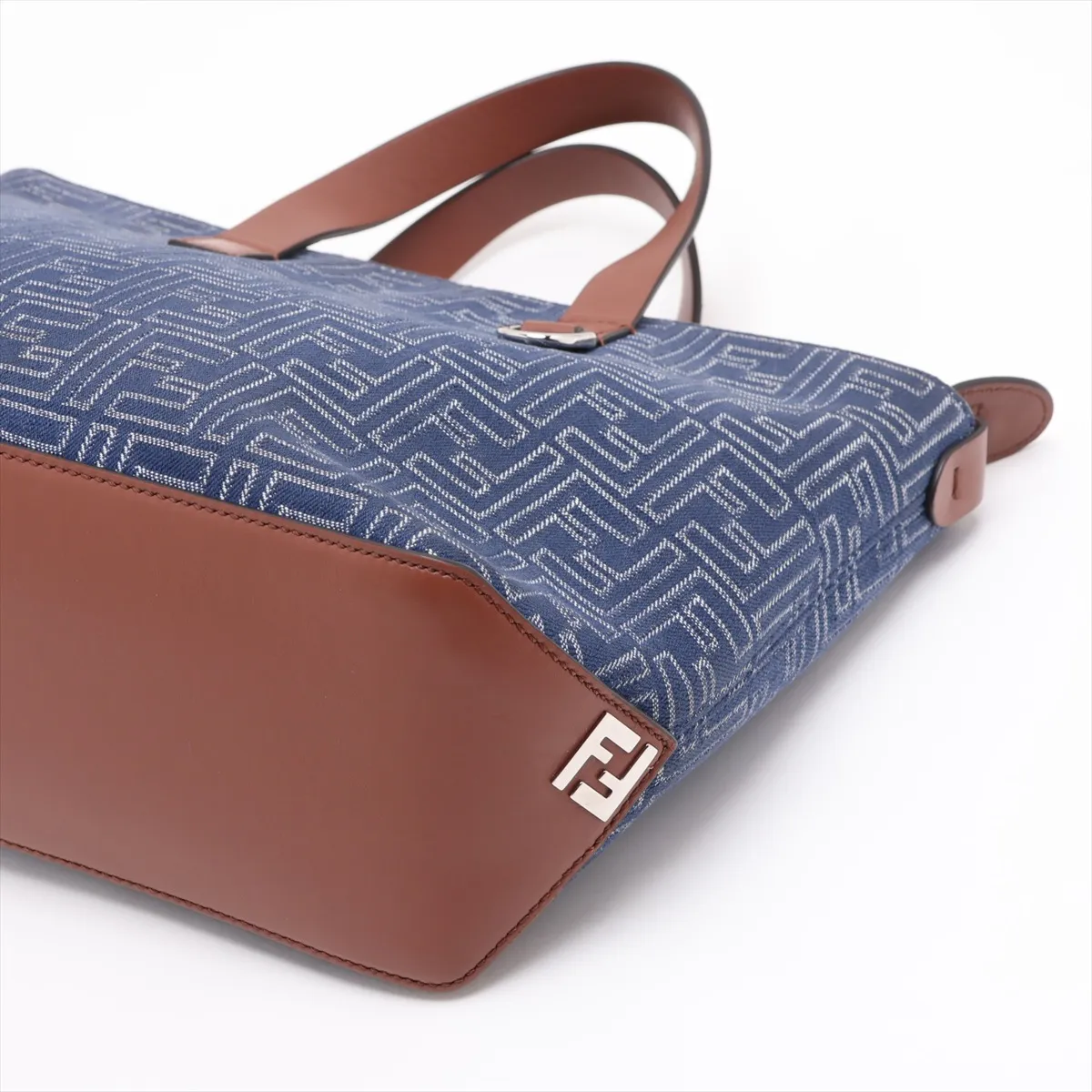 FF Jacquard Shopping Bag 7VA658 Canvas x Leather Handbag Navy x Brown — view 3