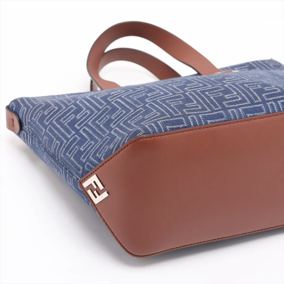 FF Jacquard Shopping Bag 7VA658 Canvas x Leather Handbag Navy x Brown — view 4