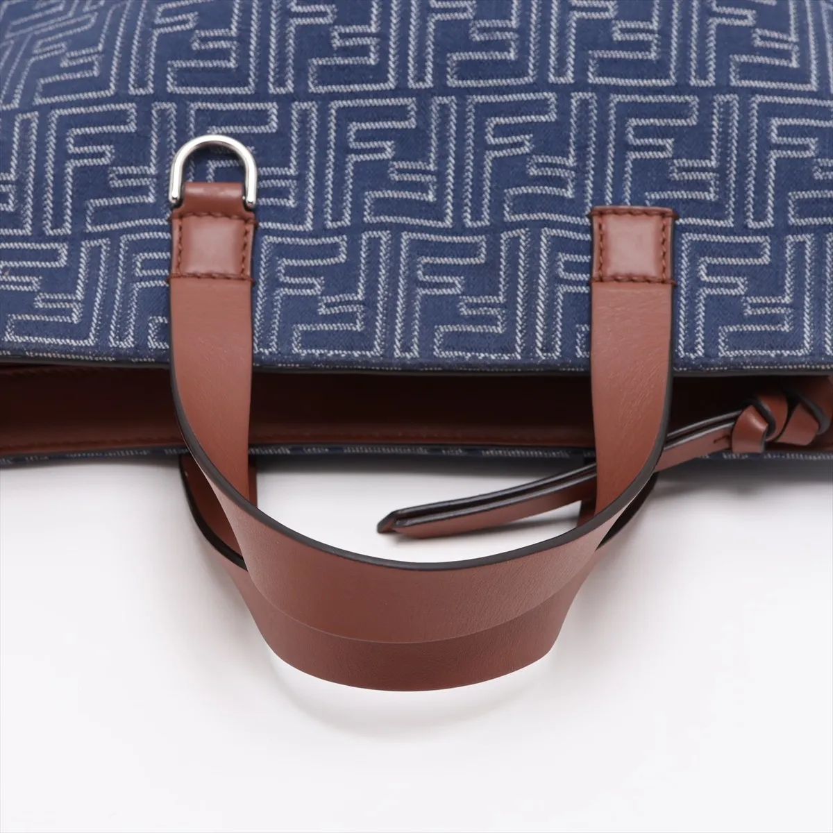 FF Jacquard Shopping Bag 7VA658 Canvas x Leather Handbag Navy x Brown — view 5