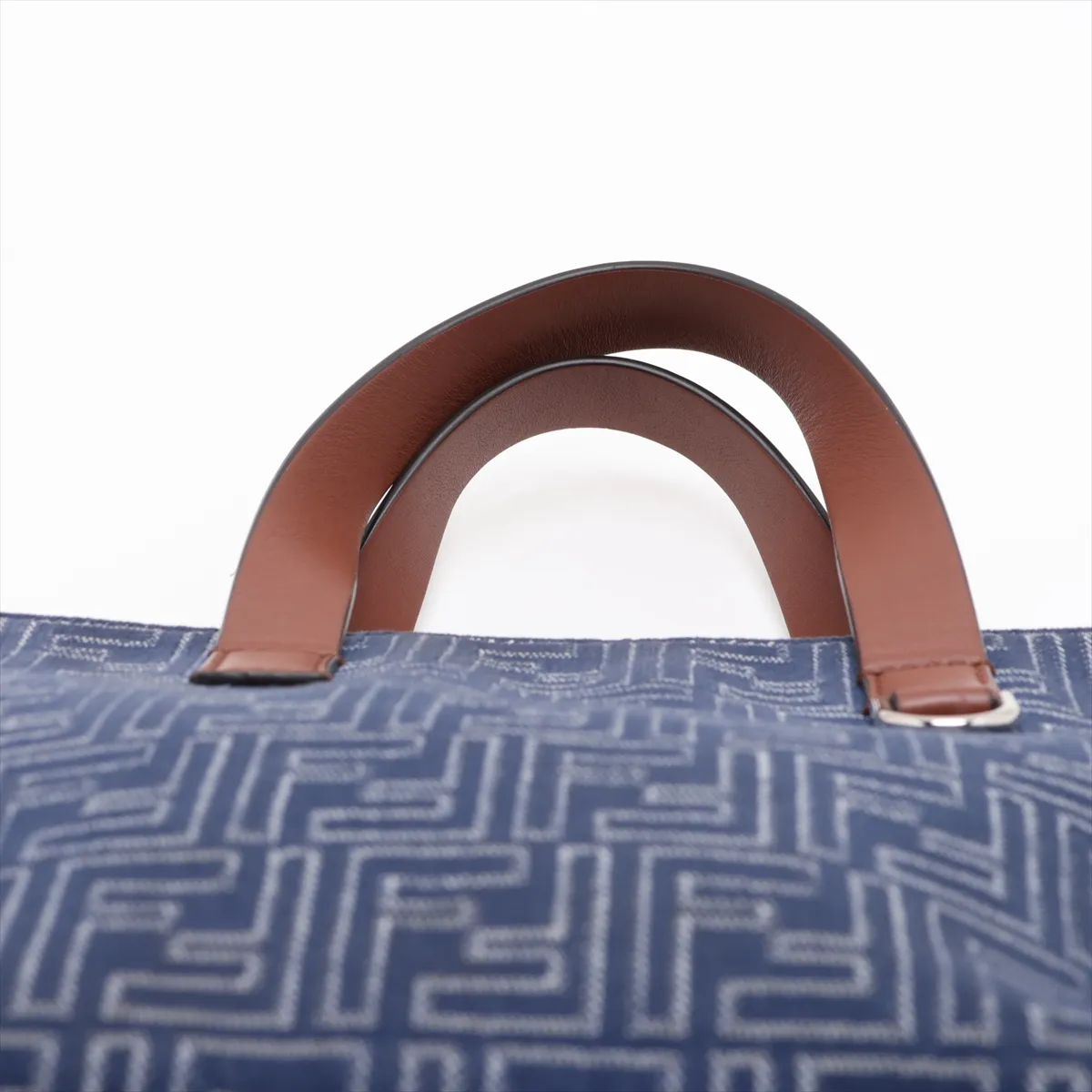 FF Jacquard Shopping Bag 7VA658 Canvas x Leather Handbag Navy x Brown — view 6