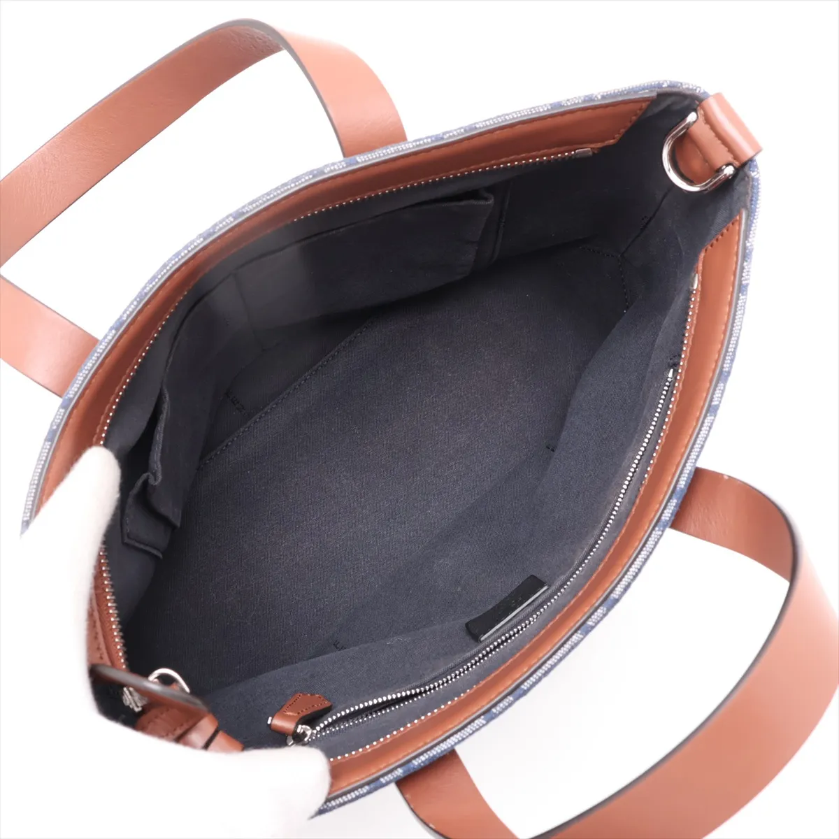 FF Jacquard Shopping Bag 7VA658 Canvas x Leather Handbag Navy x Brown — view 7
