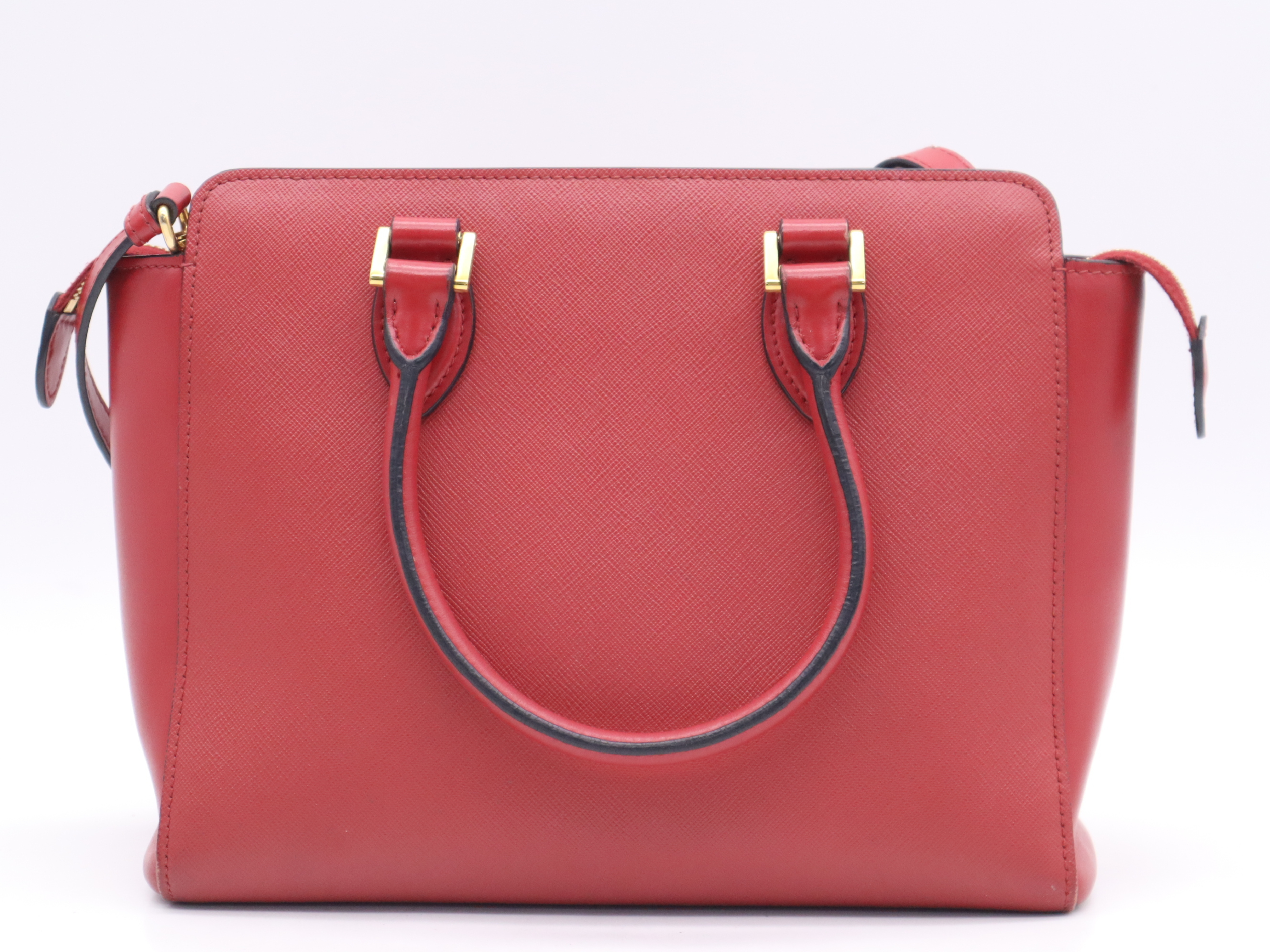 Leather 2-Way Handbag with Shoulder Strap, Red, Gold Hardware — view 2