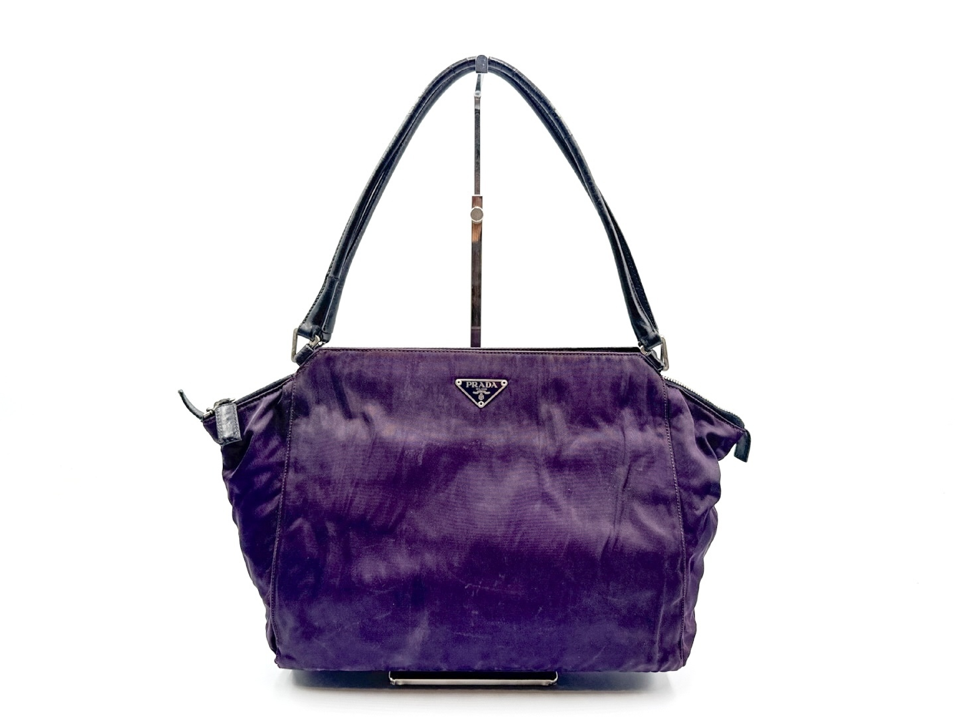Nylon Tote Bag with Triangular Plate and Leather, Purple Tote Bag