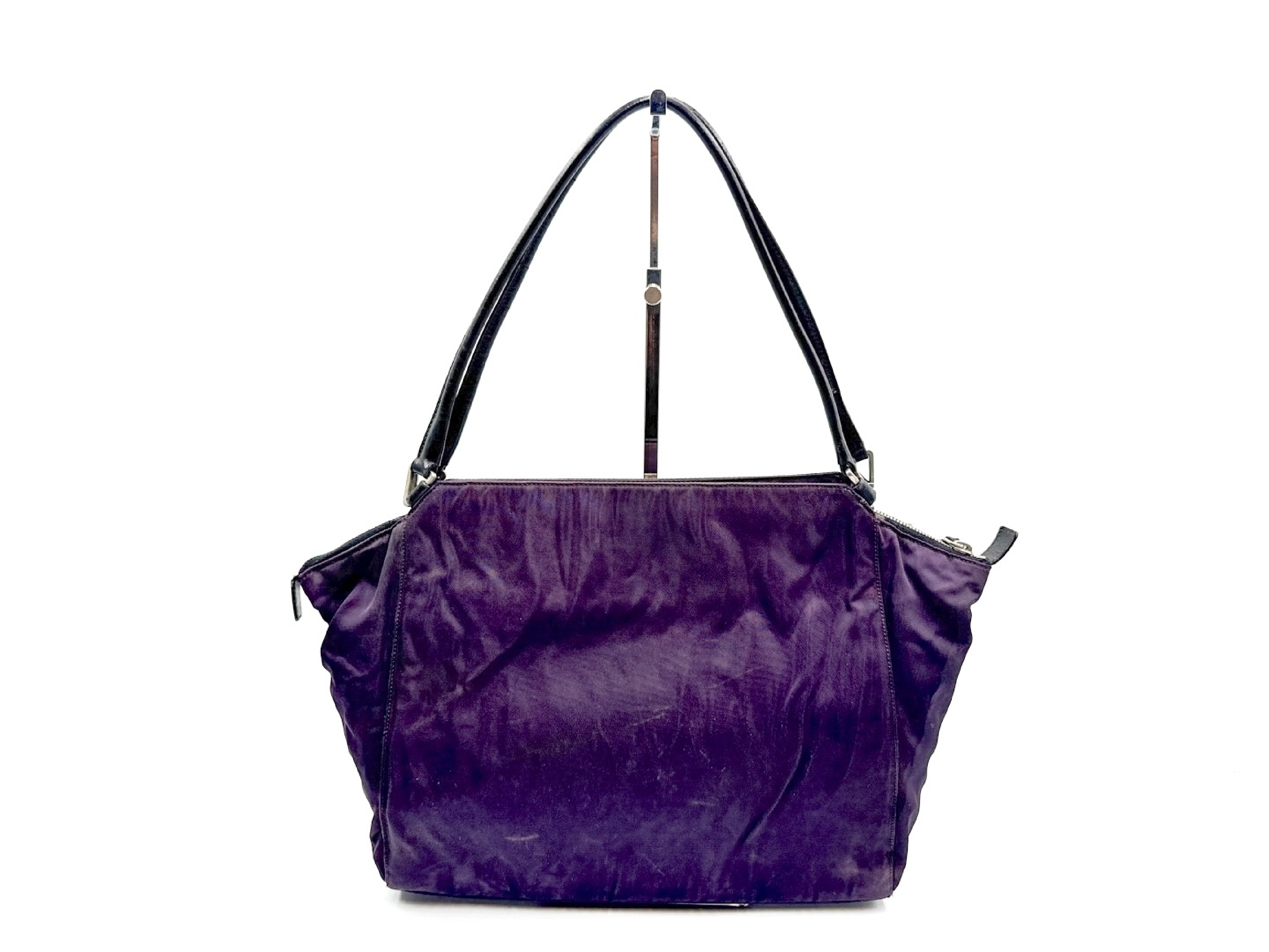 Nylon Tote Bag with Triangular Plate and Leather, Purple Tote Bag — view 2