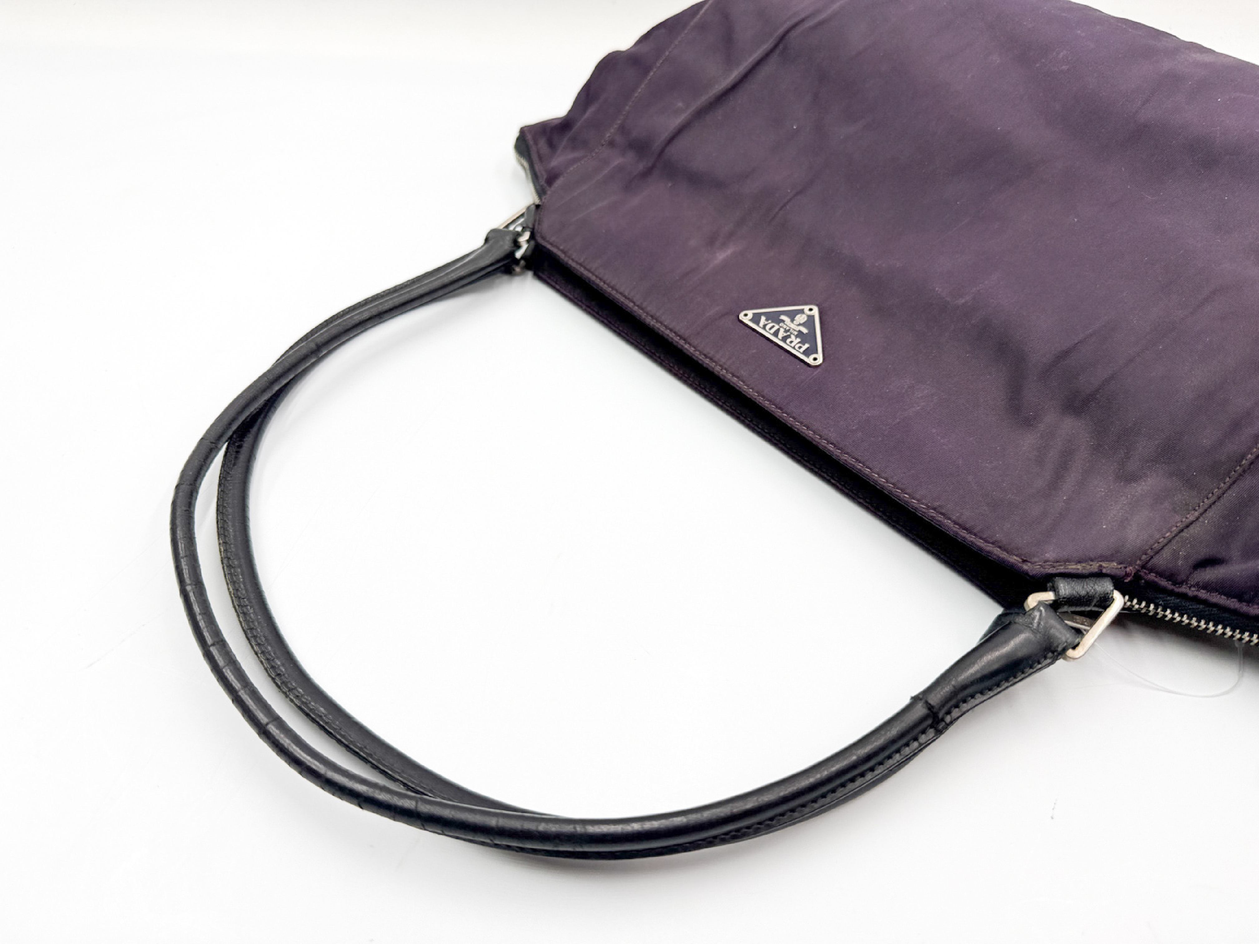 Nylon Tote Bag with Triangular Plate and Leather, Purple Tote Bag — view 3
