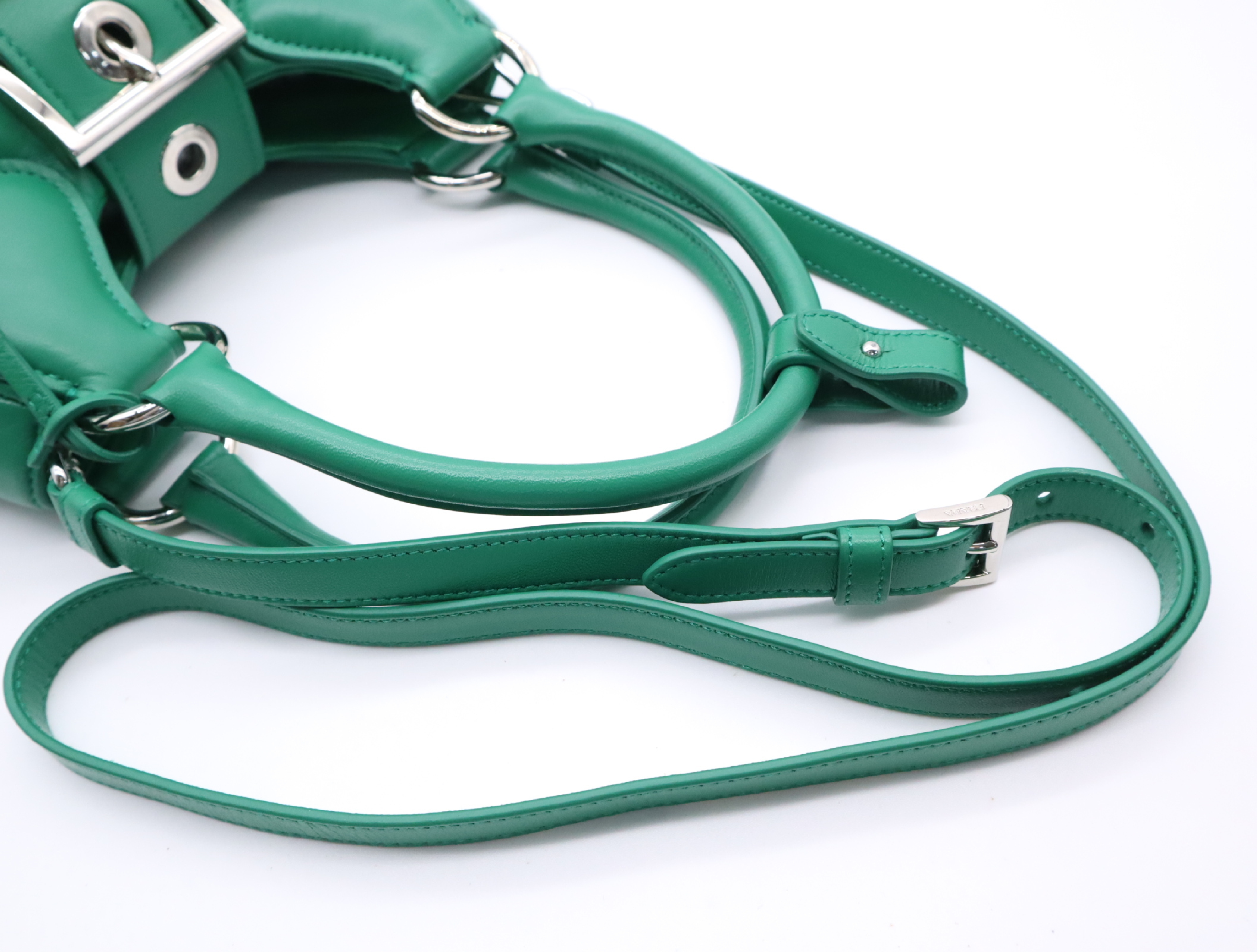 1BA381 Leather Padded Nappa Moon Handbag, Green, with Shoulder Strap, Clochette, and Dust Bag. — view 10