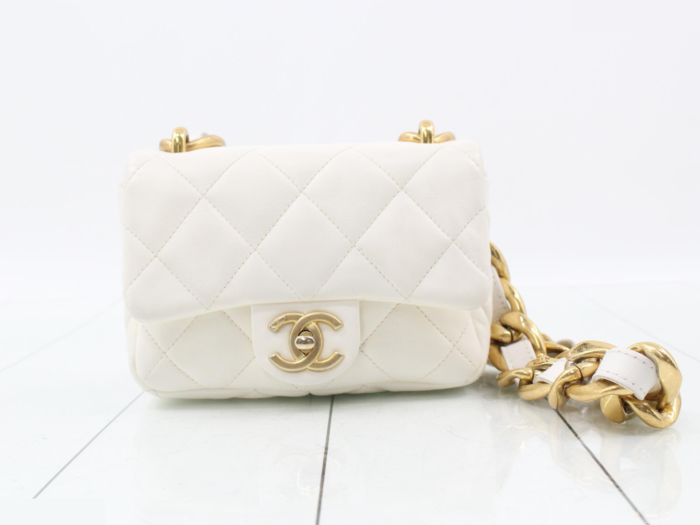 Mini Matelassé Chain Shoulder Bag, Lambskin, White, Random Number