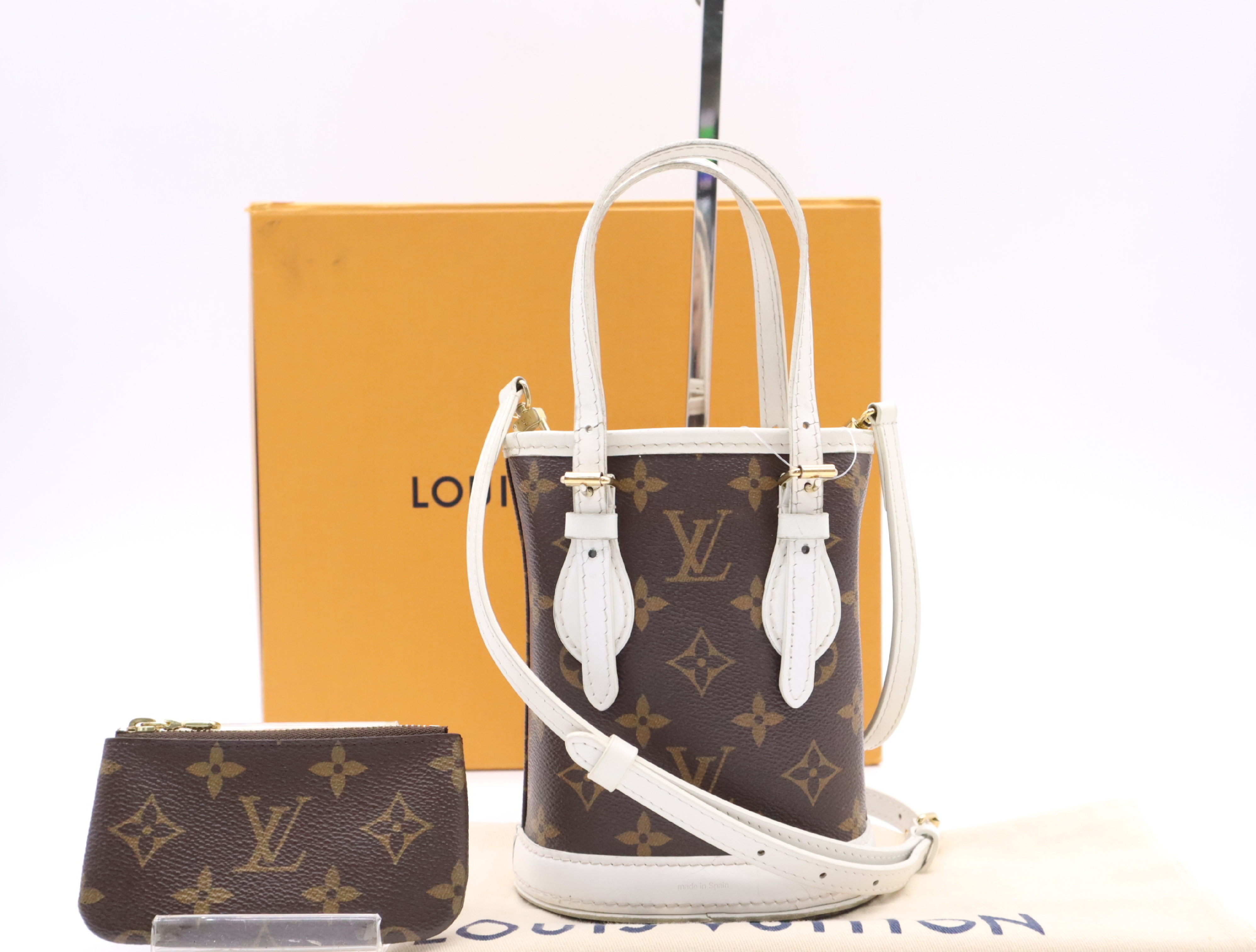 M81489 Monogram Nano Basket Handbag with Shoulder Strap, Pouch, Dust Bag, and Box (RFID verified)