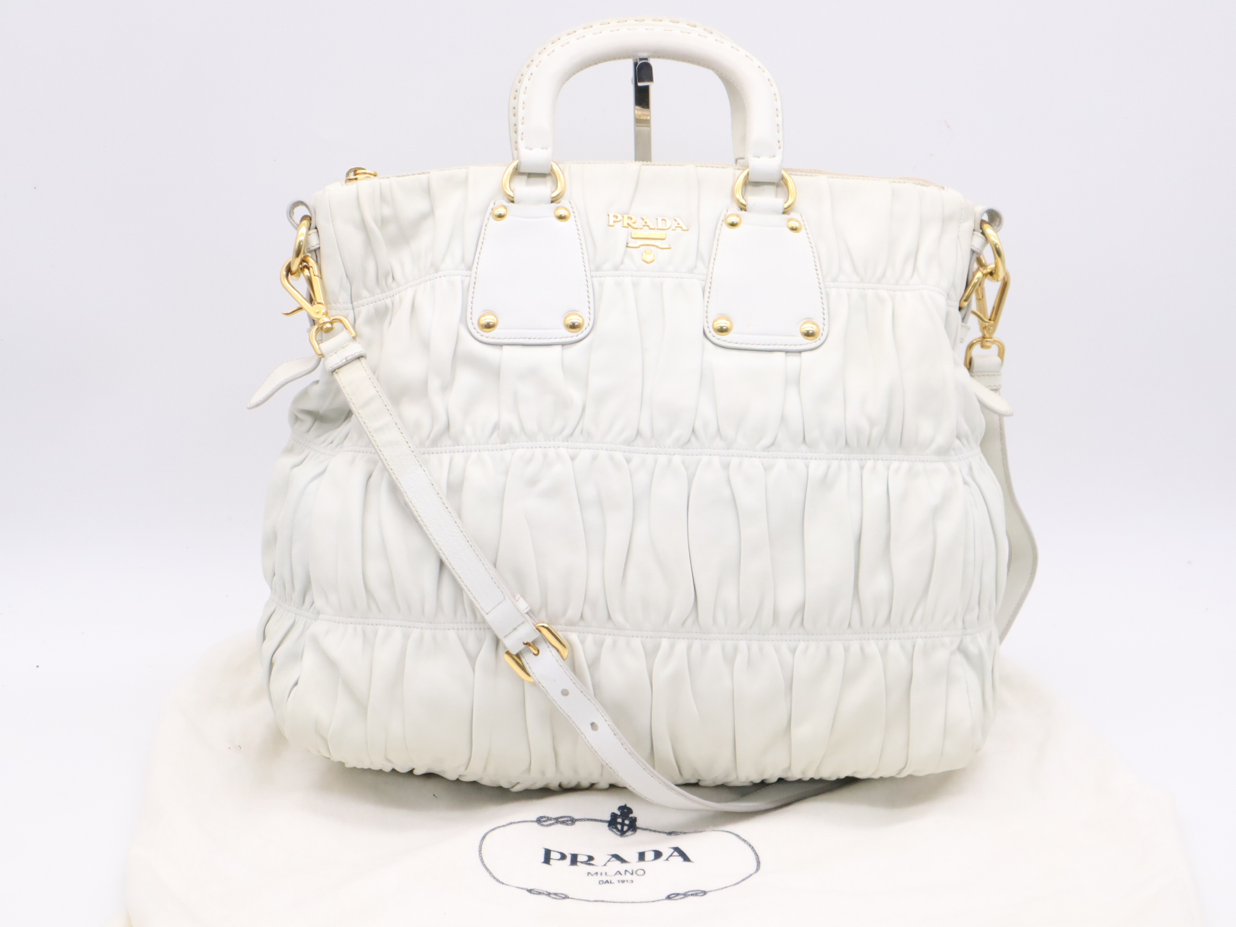 Leather 2-Way Gathered Handbag with Shoulder Strap and Dust Bag