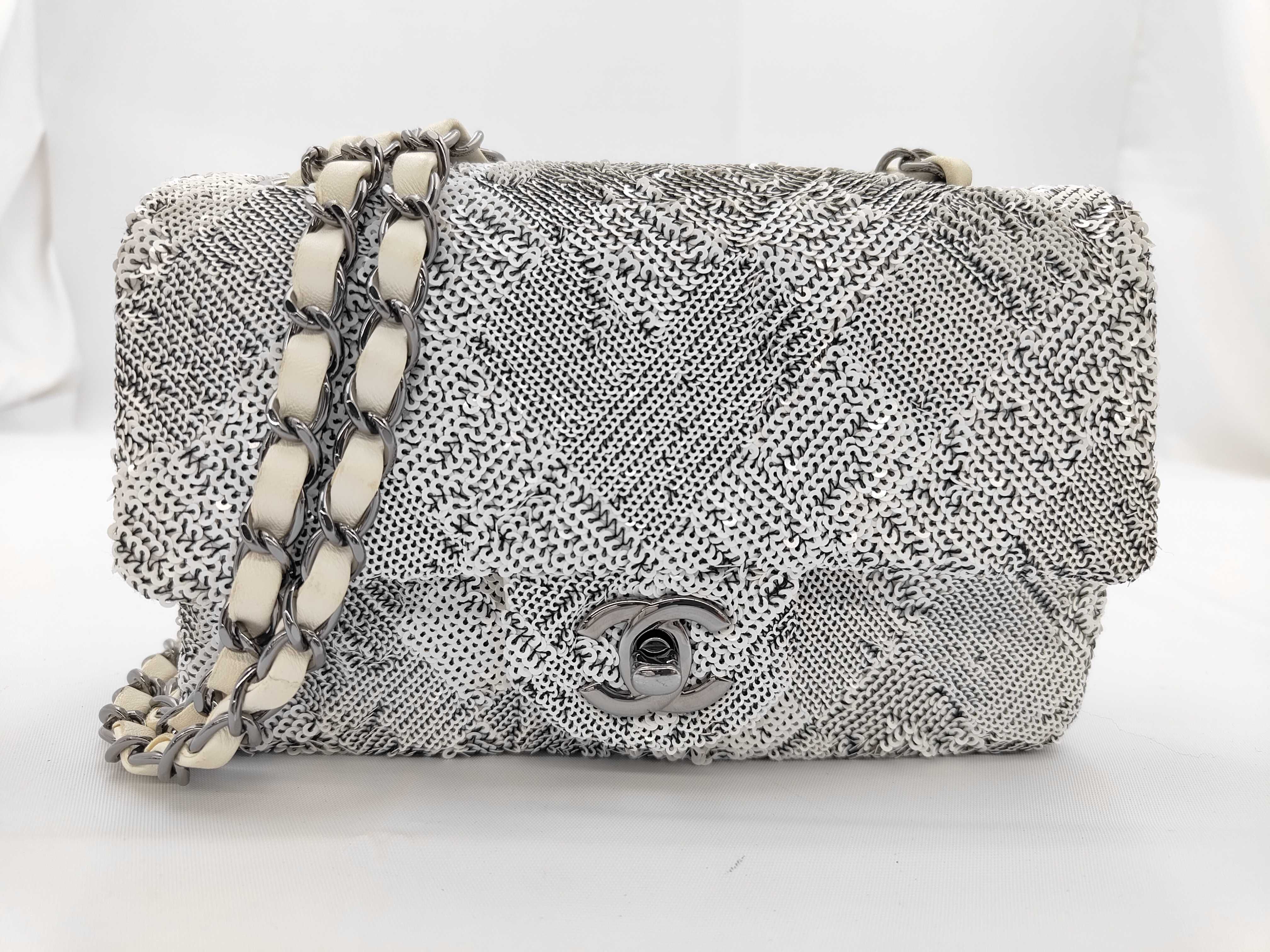 Mini Matelassé Chain Shoulder Bag with Sequins, Gray